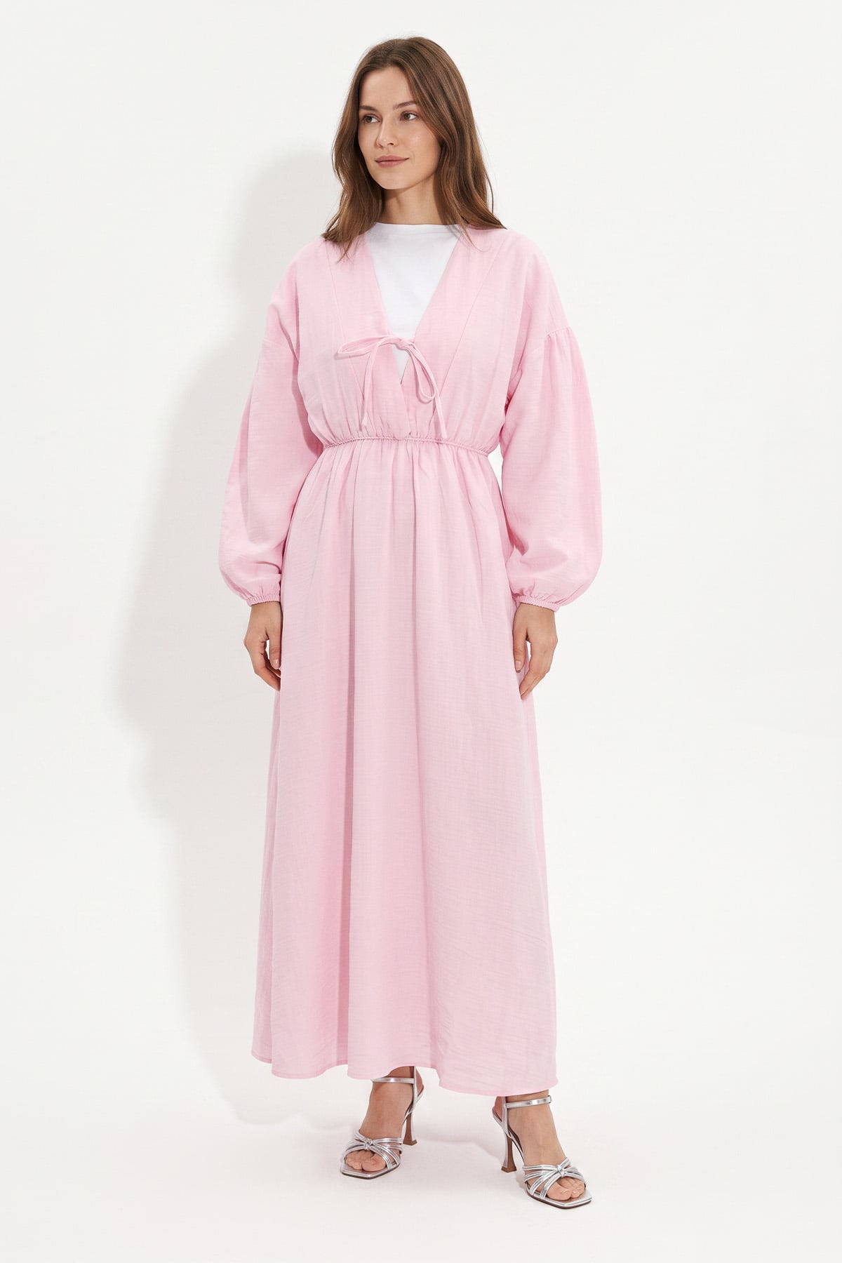 V Yaka Keten Elbise 3071 - PEMBE | zenne.com 