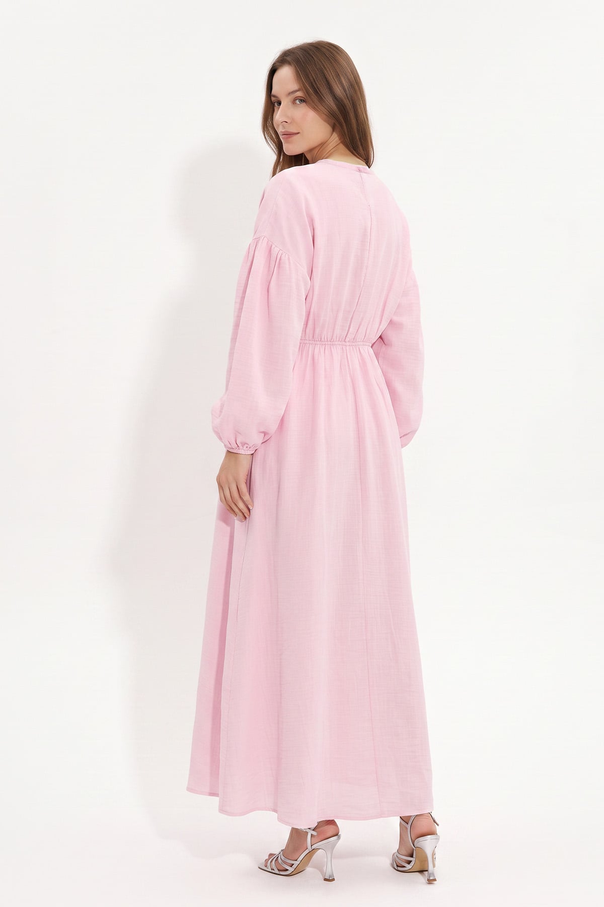 V Yaka Keten Elbise 3071 - PEMBE | zenne.com 