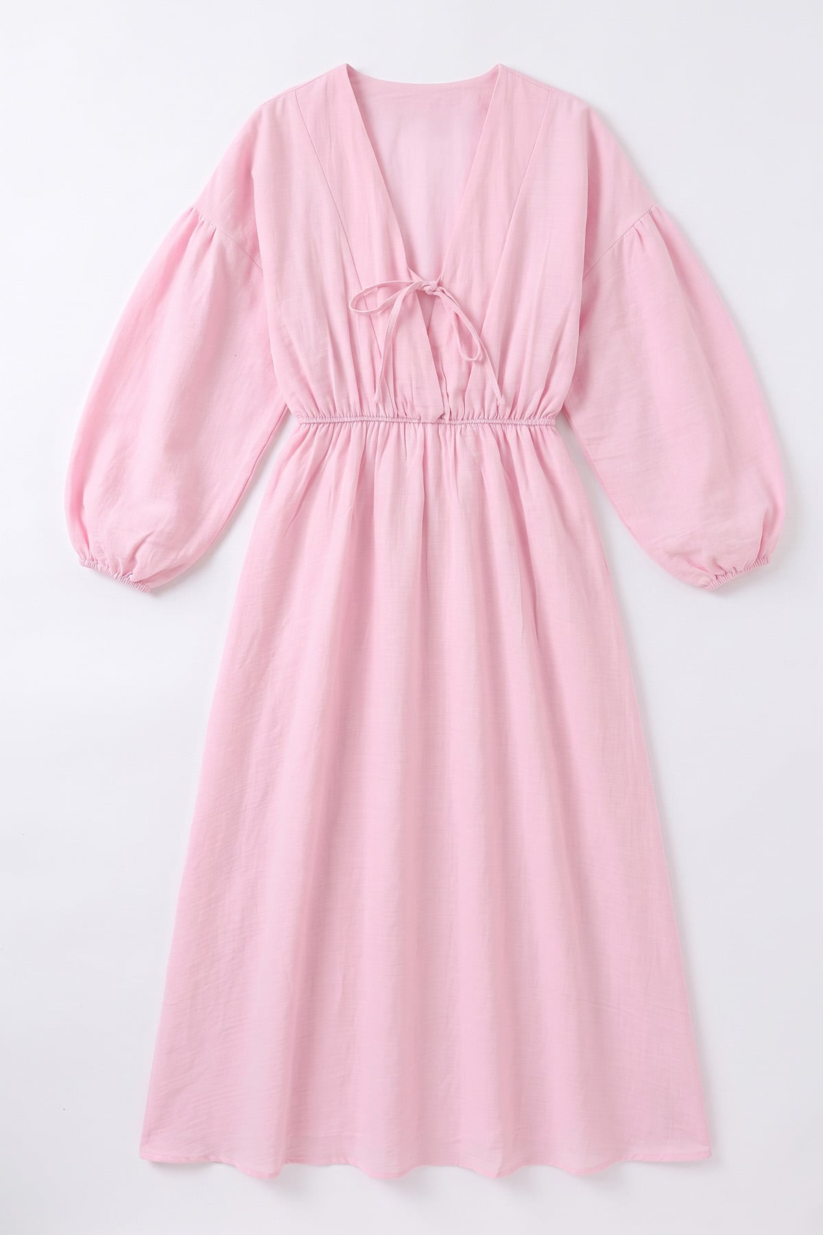 V Yaka Keten Elbise 3071 - PEMBE | zenne.com 