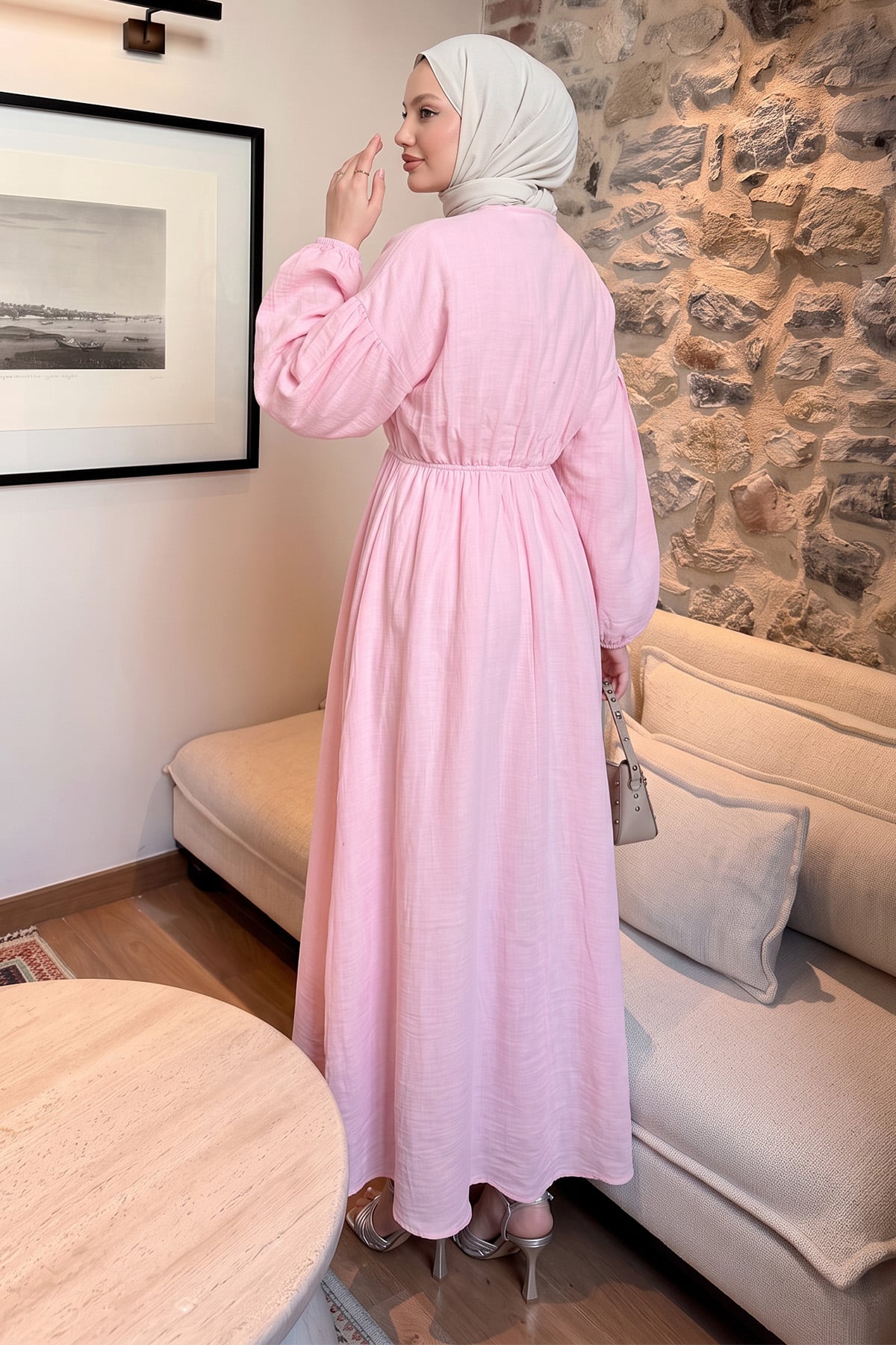 V Yaka Keten Elbise 3071 - PEMBE |  