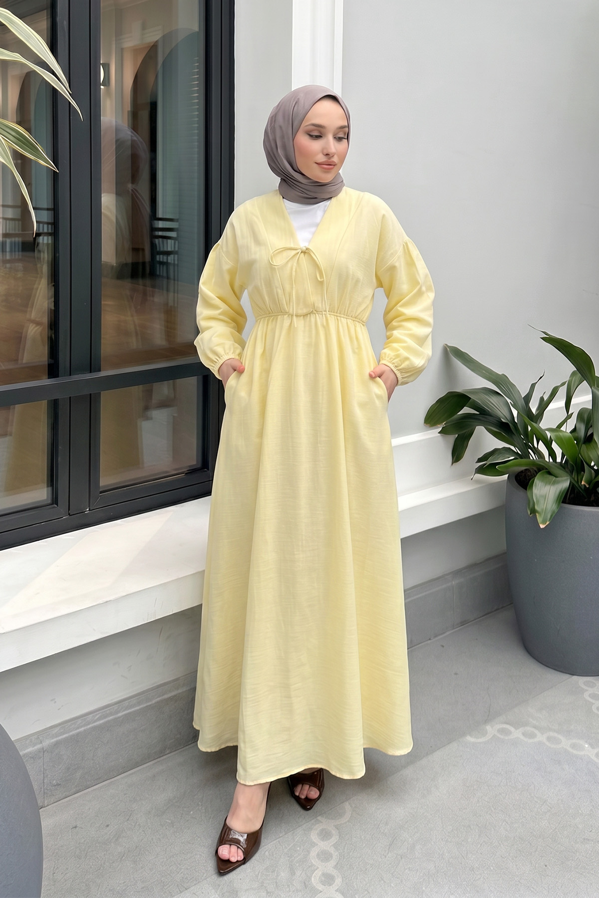 V Yaka Keten Elbise 3071 - SARI |  
