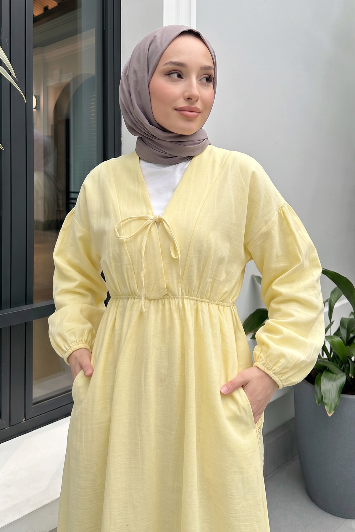 V Yaka Keten Elbise 3071 - SARI |  