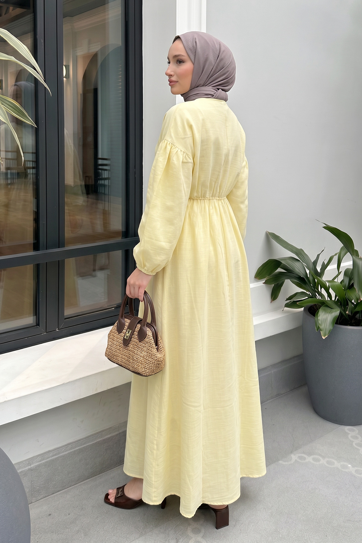 V Yaka Keten Elbise 3071 - SARI |  