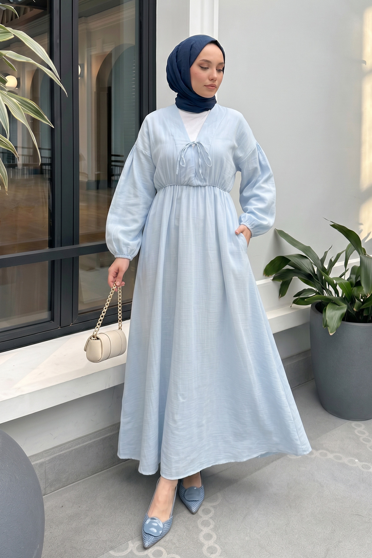V Yaka Keten Elbise 3071 - BEBE MAVİSİ |  