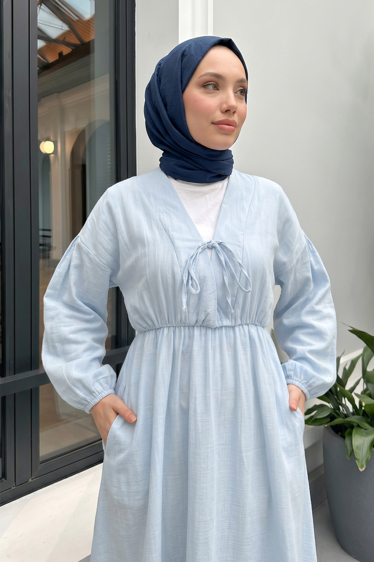 V Yaka Keten Elbise 3071 - BEBE MAVİSİ |  