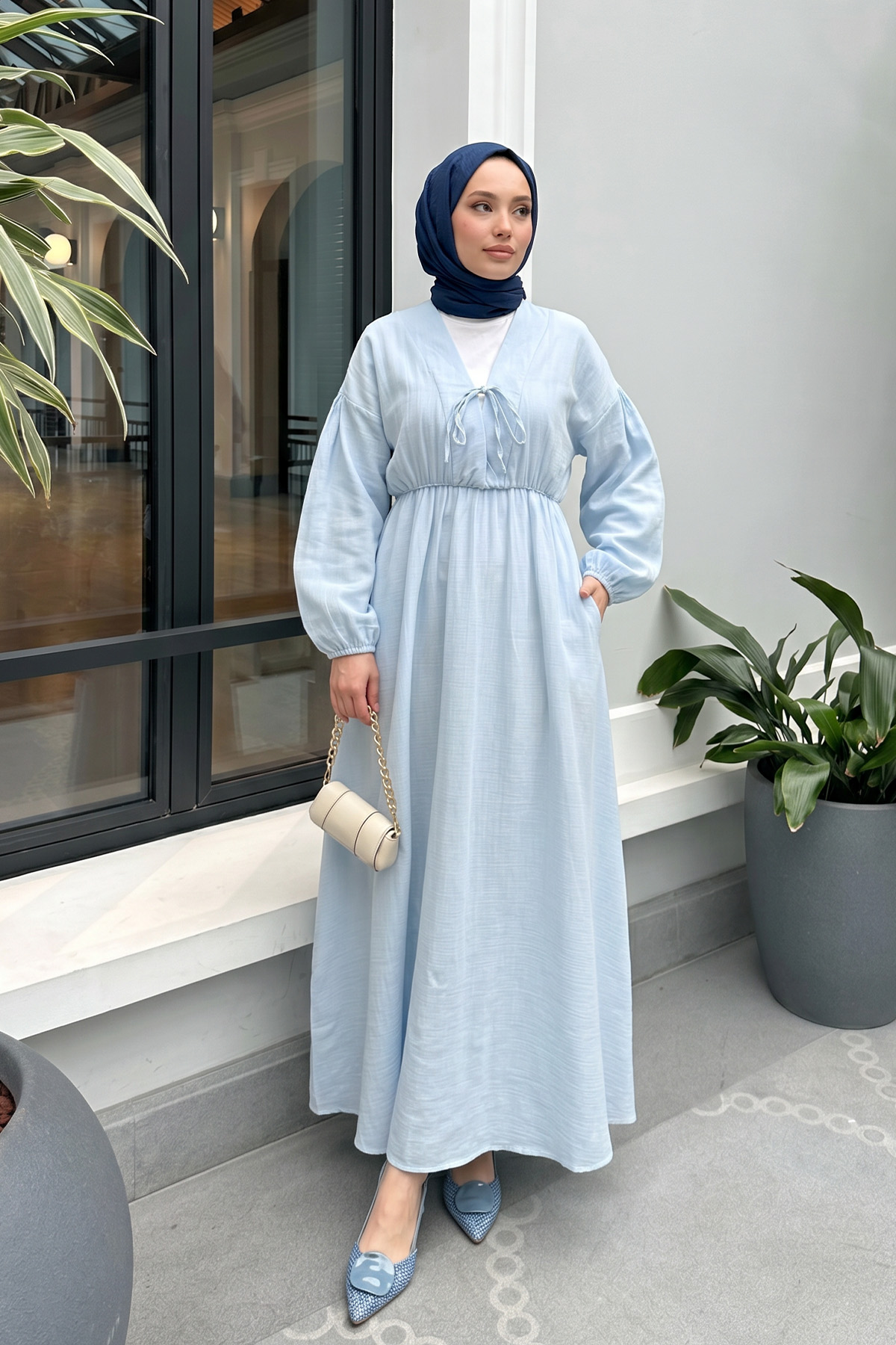 V Yaka Keten Elbise 3071 - BEBE MAVİSİ |  