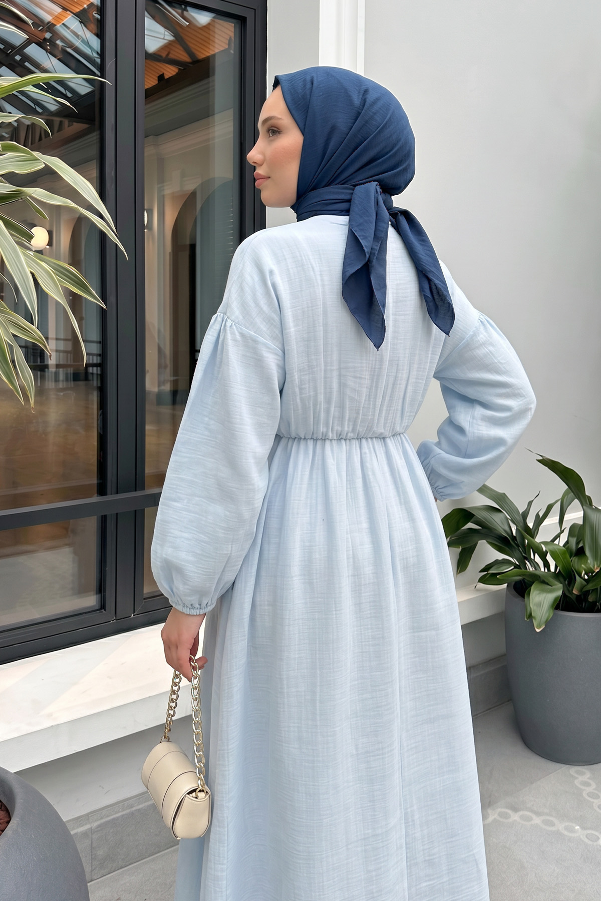 V Yaka Keten Elbise 3071 - BEBE MAVİSİ |  