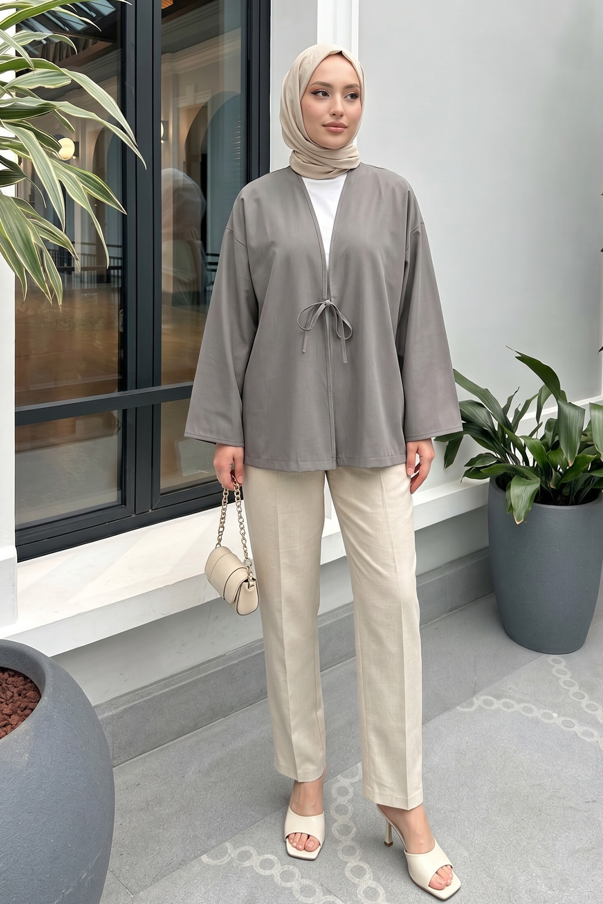 İp Bağcıklı Kimono 40046 - KOYU GRİ |  
