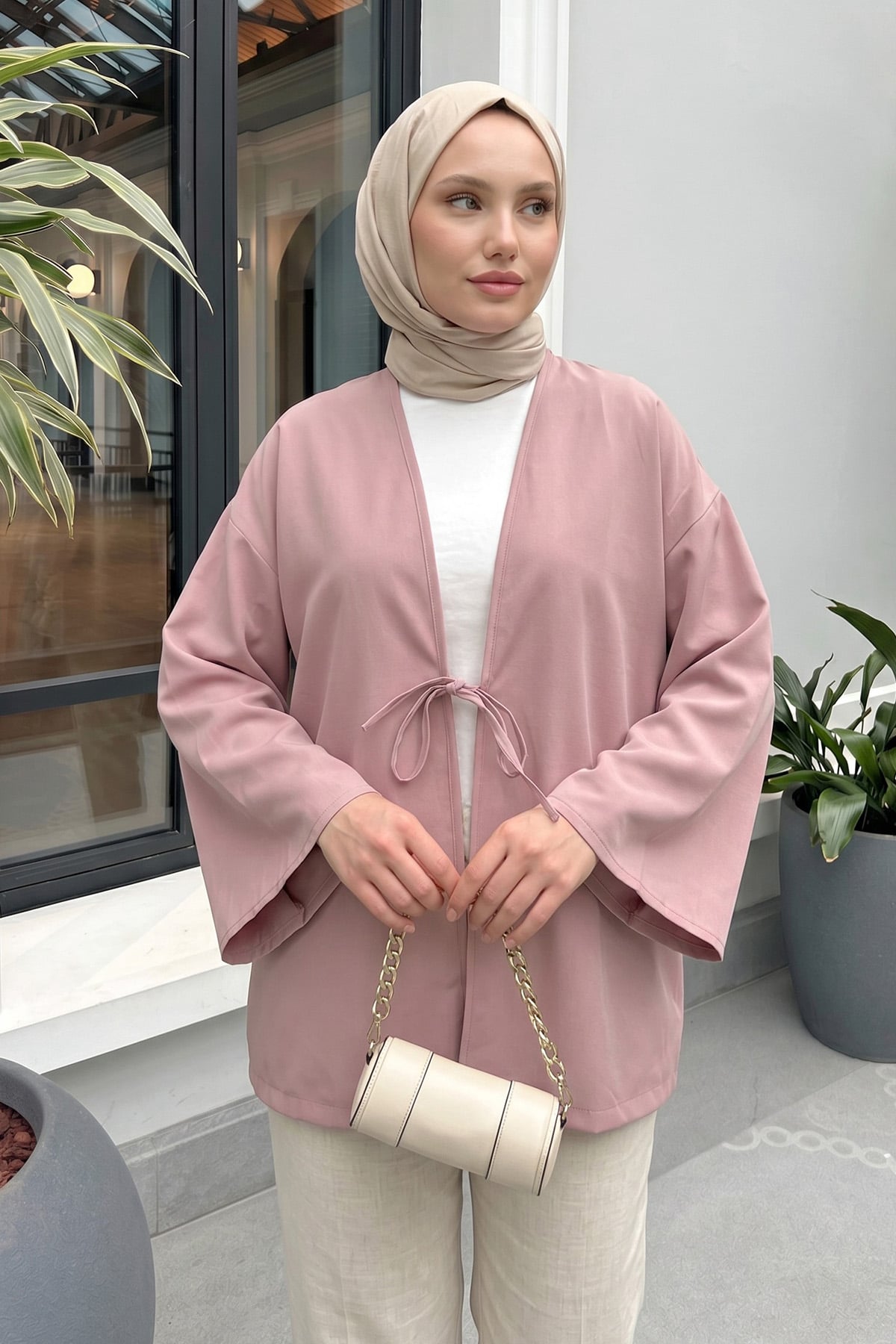 İp Bağcıklı Kimono 40046 - GÜL KURUSU |  