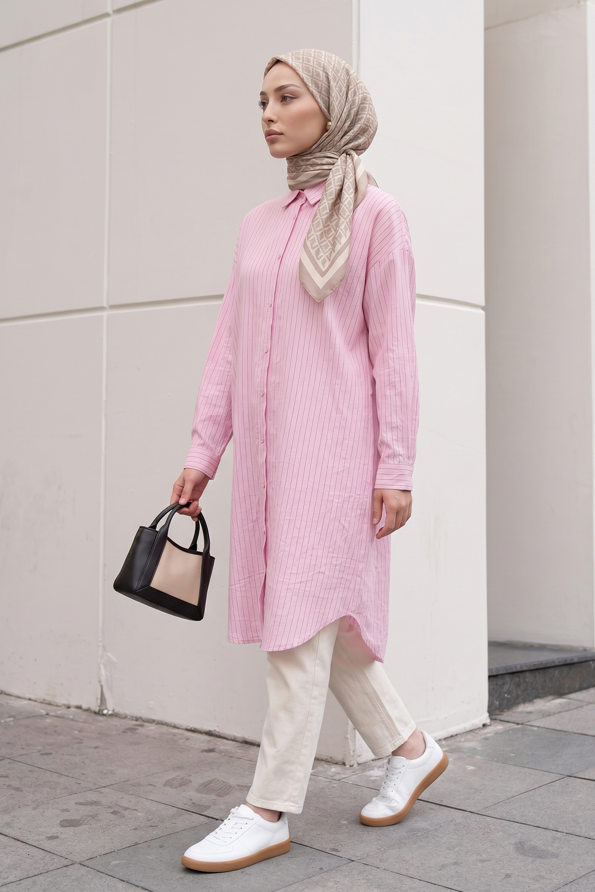 İnce Çizgili Uzun Tunik 3131 - AÇIK PEMBE |  