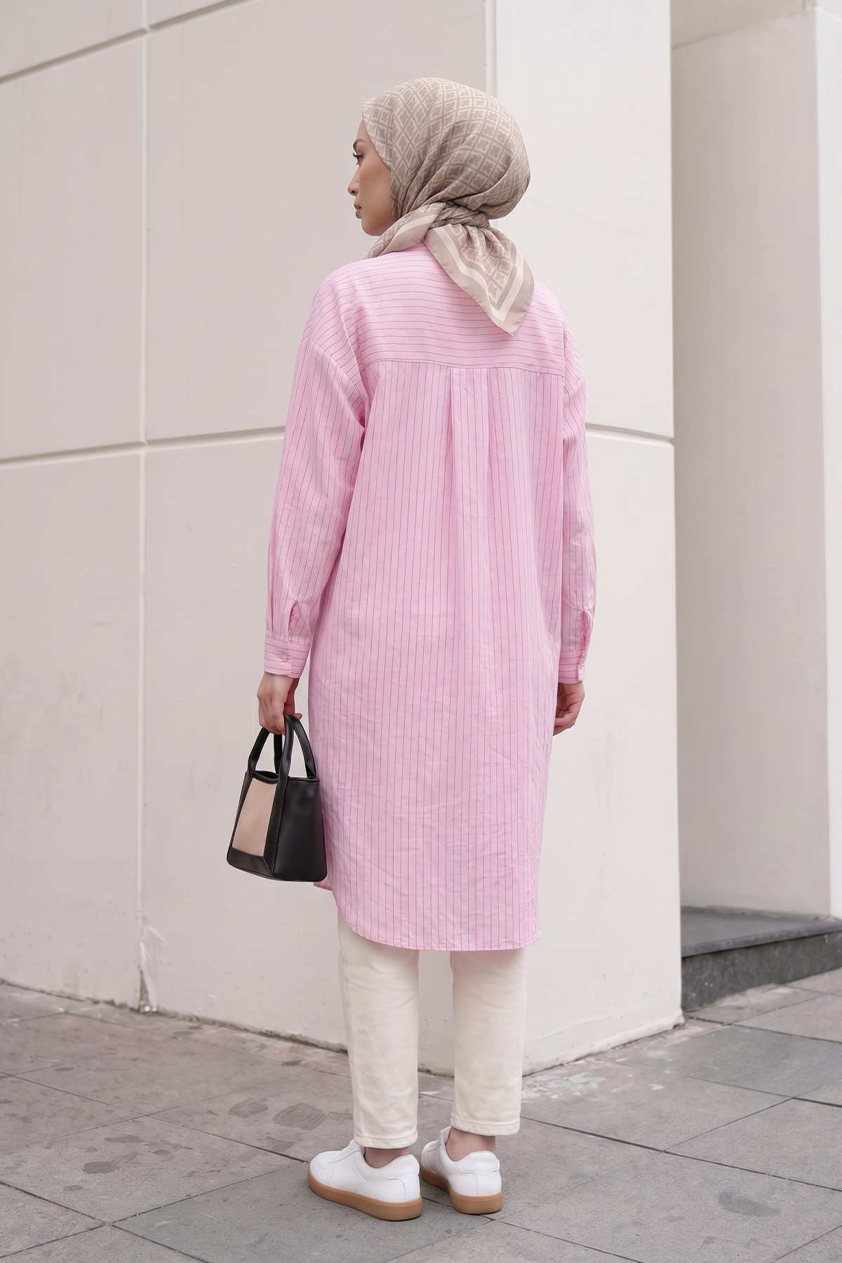İnce Çizgili Uzun Tunik 3131 - AÇIK PEMBE |  
