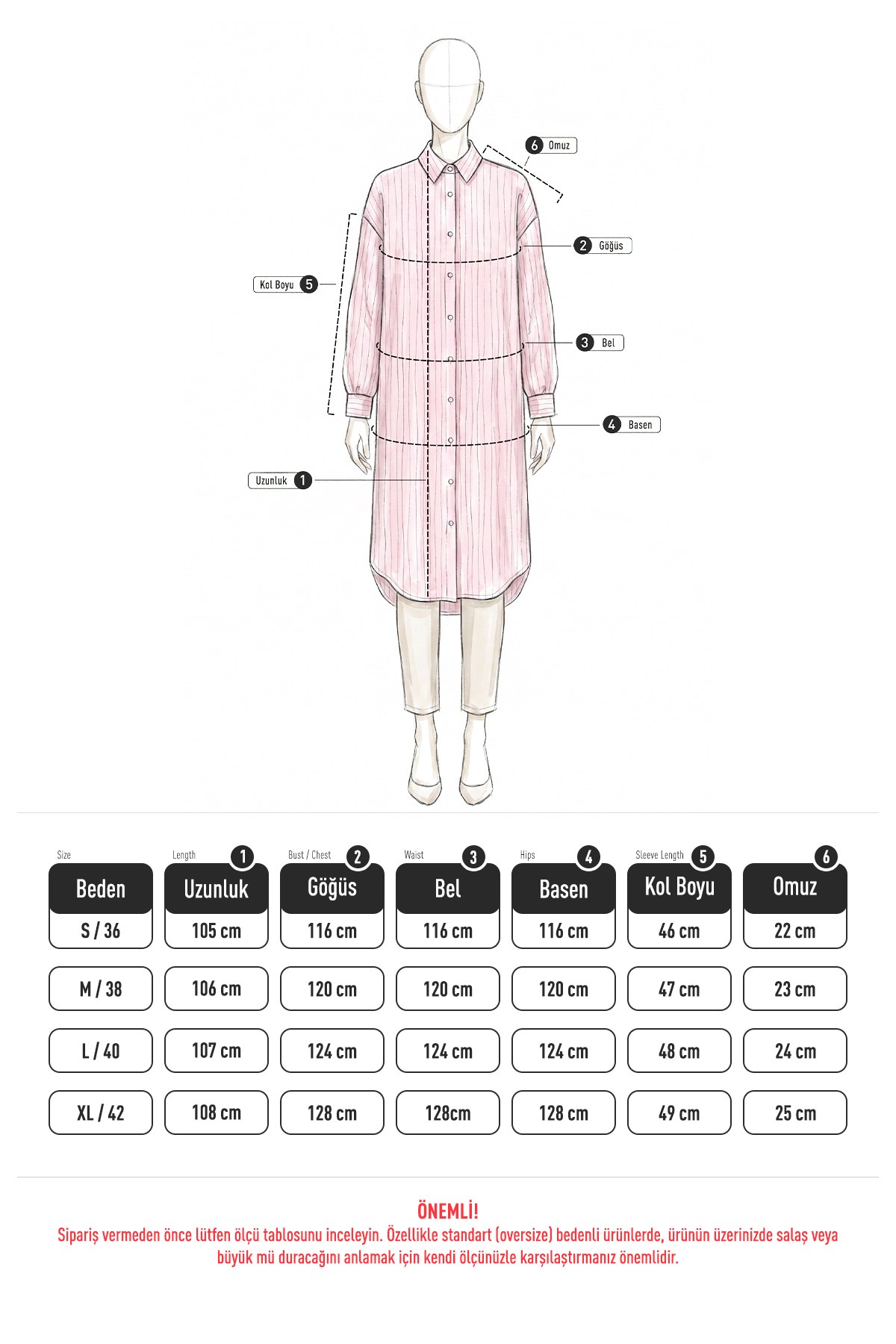 İnce Çizgili Uzun Tunik 3131 - AÇIK PEMBE |  