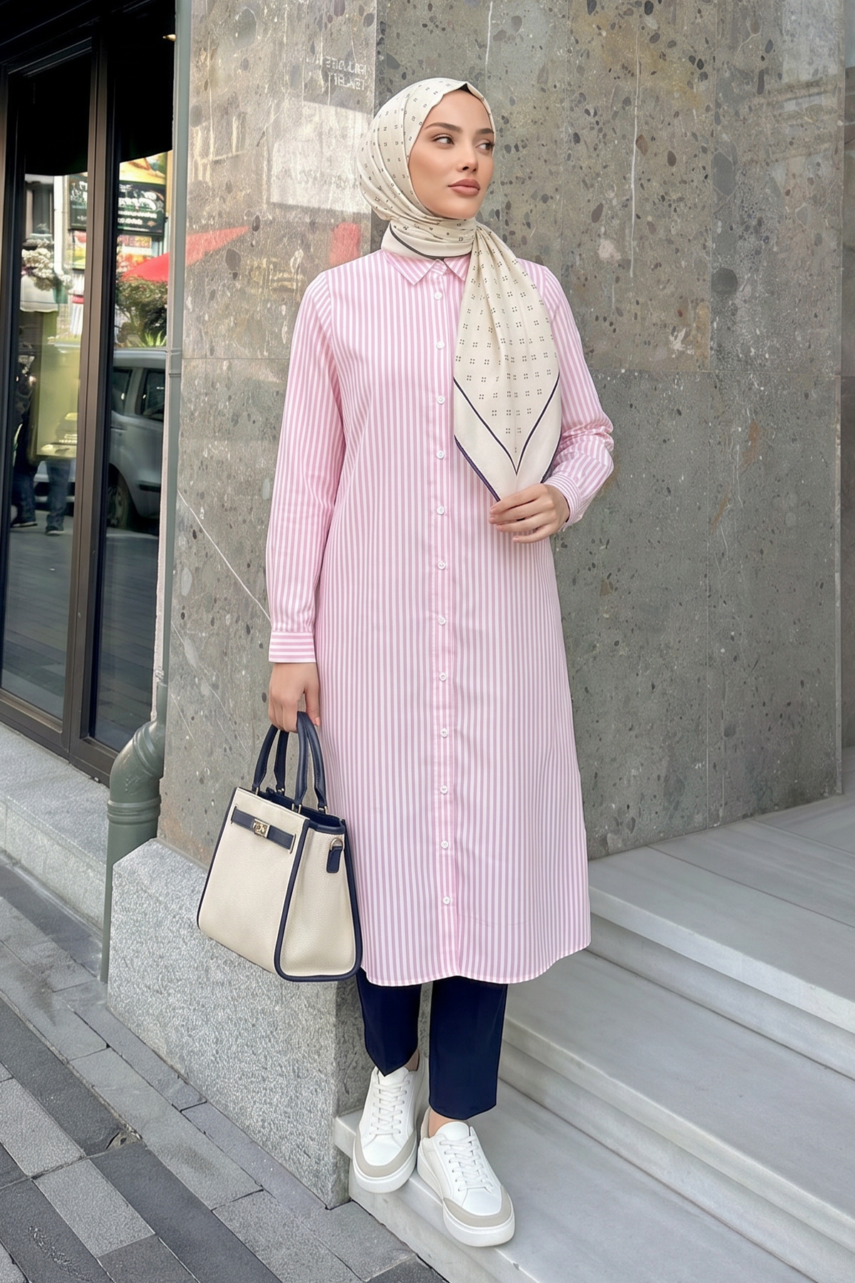 Çizgili Uzun Tunik 3125 - AÇIK PEMBE |  