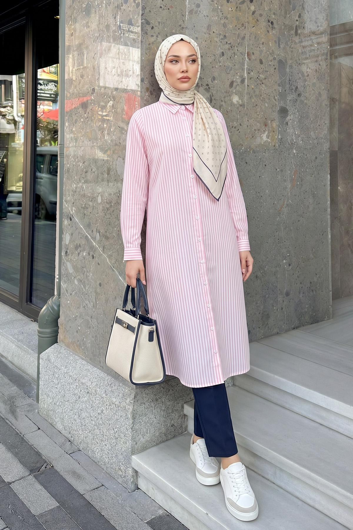 Çizgili Uzun Tunik 3125 - AÇIK PEMBE |  