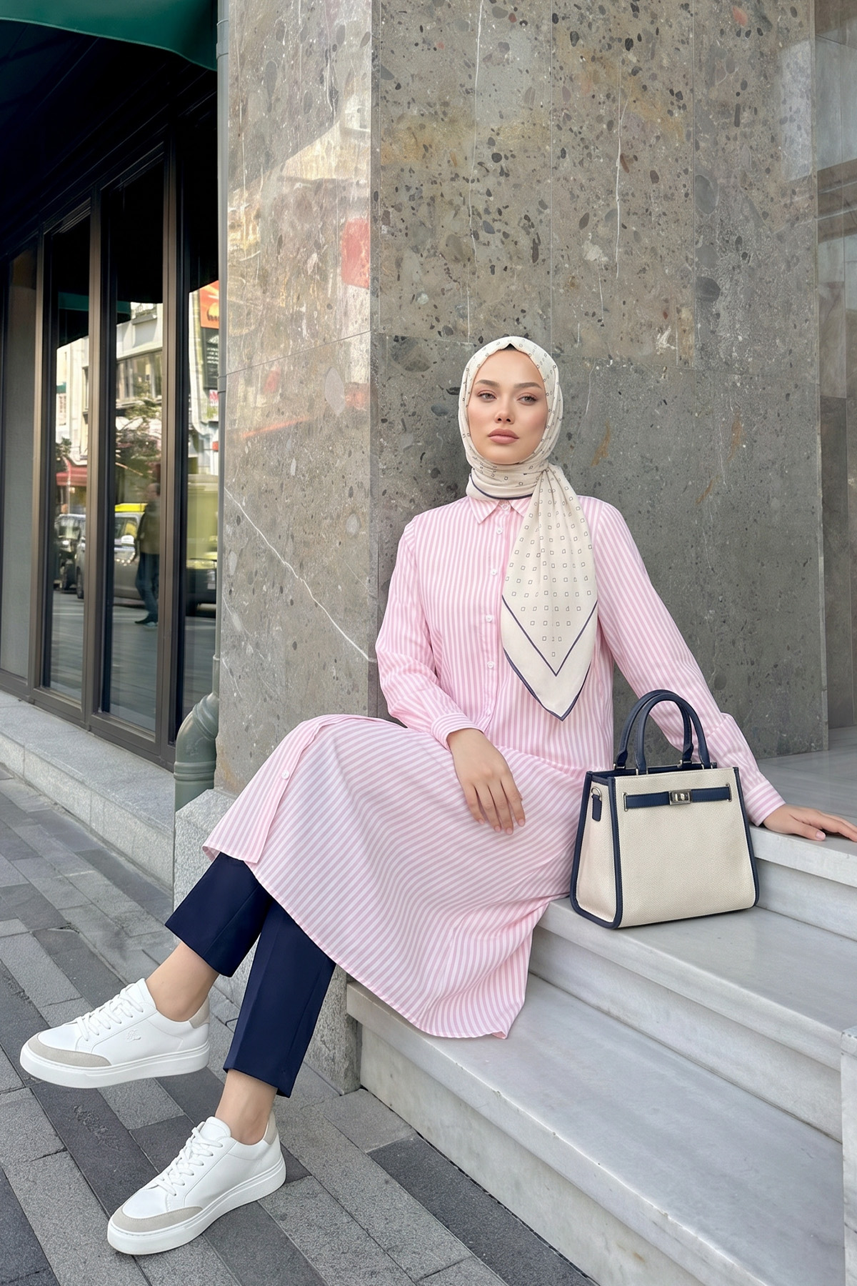 Çizgili Uzun Tunik 3125 - AÇIK PEMBE |  