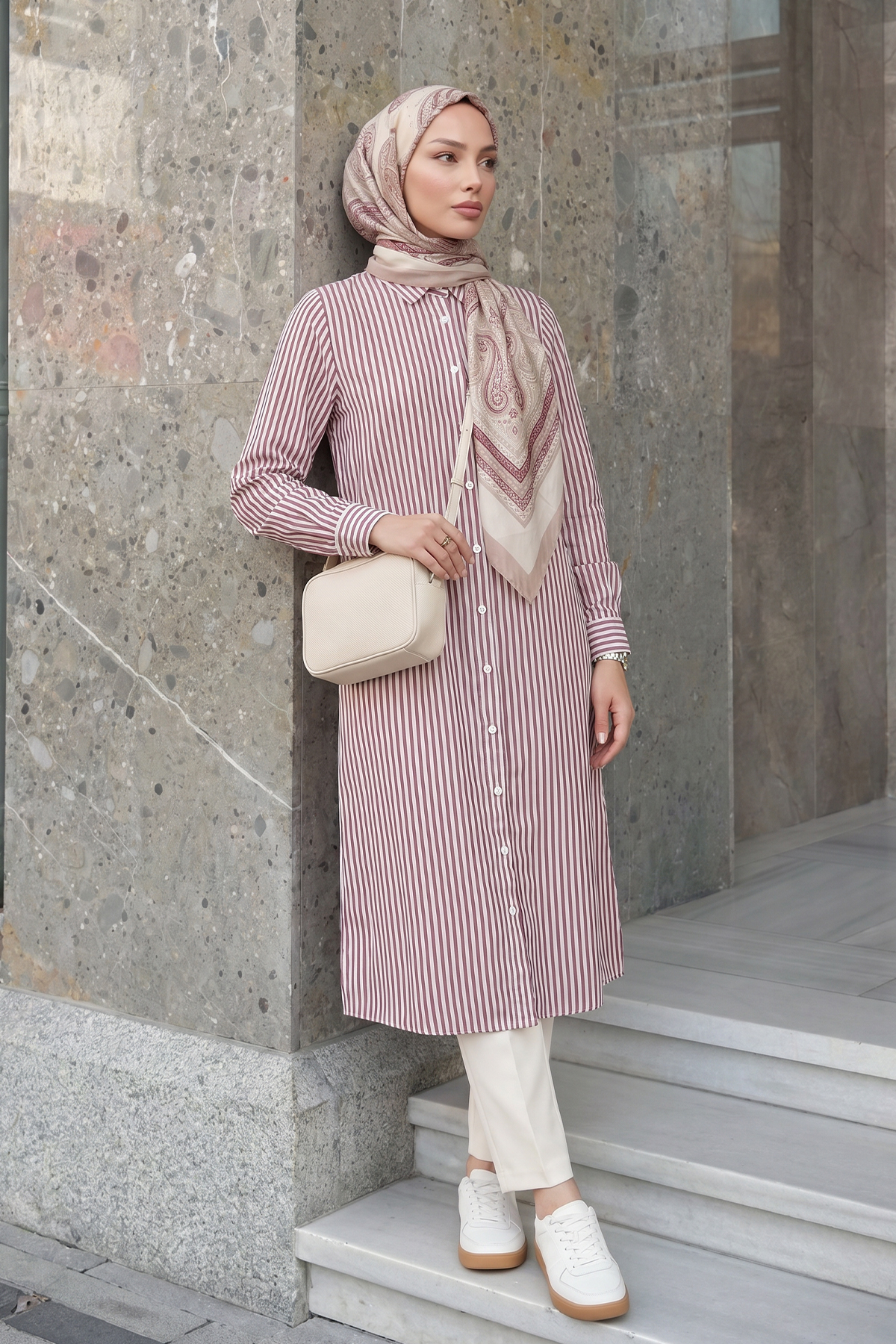 Çizgili Uzun Tunik 3125 - BORDO |  