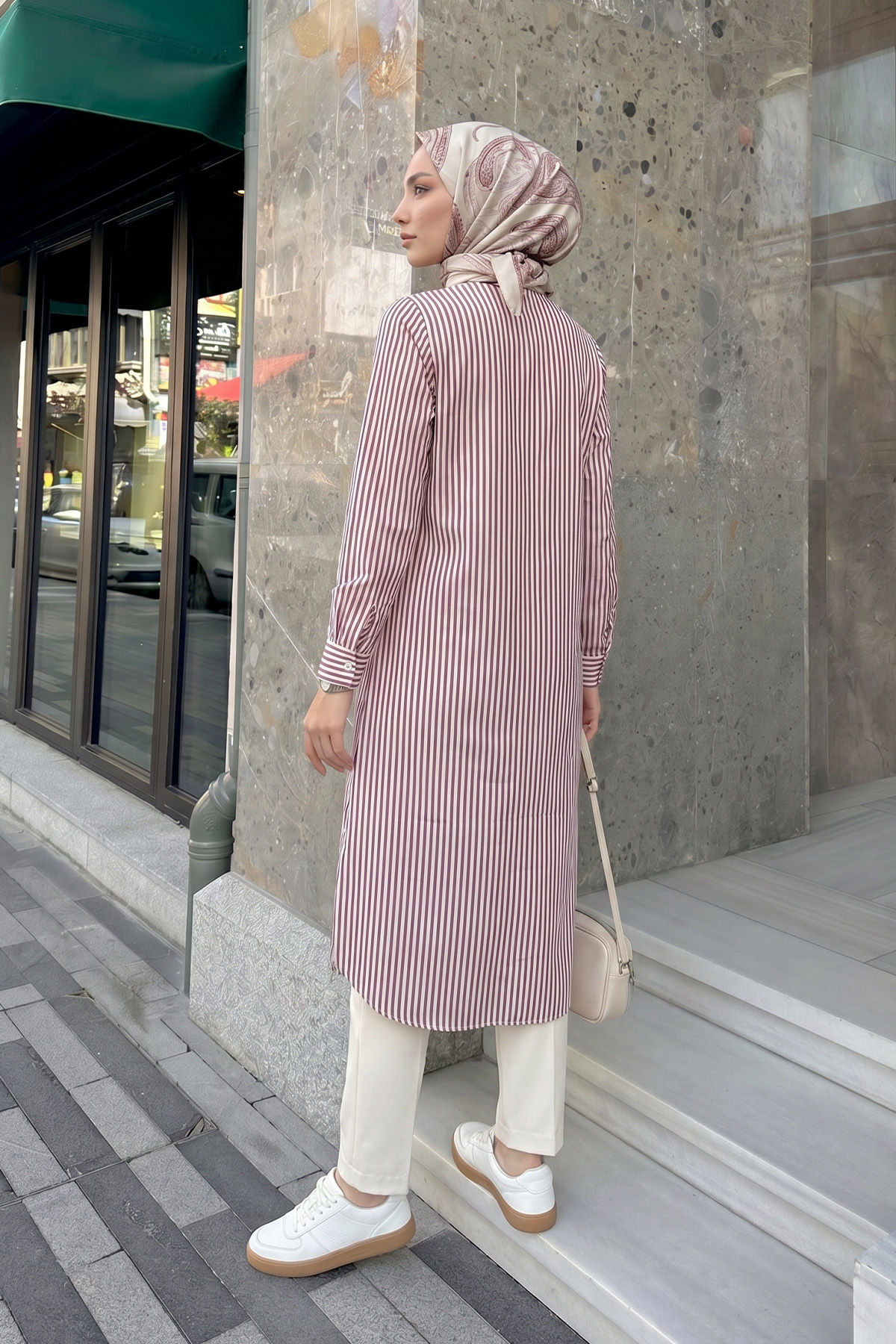 Çizgili Uzun Tunik 3125 - BORDO |  
