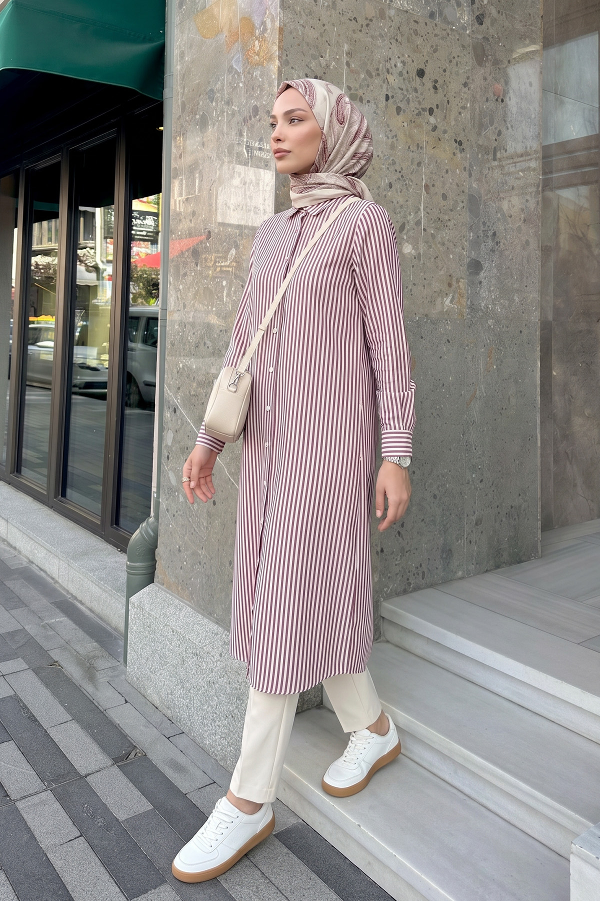 Çizgili Uzun Tunik 3125 - BORDO |  