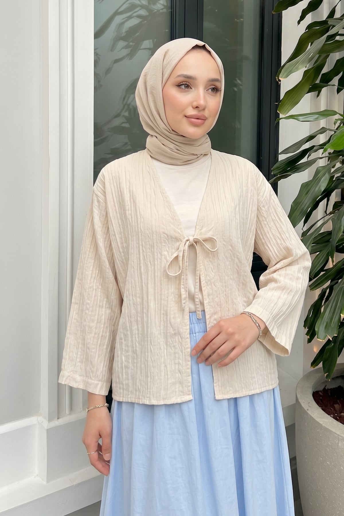 Çizgili Bağcıklı Kimono 2358 - KREM |  