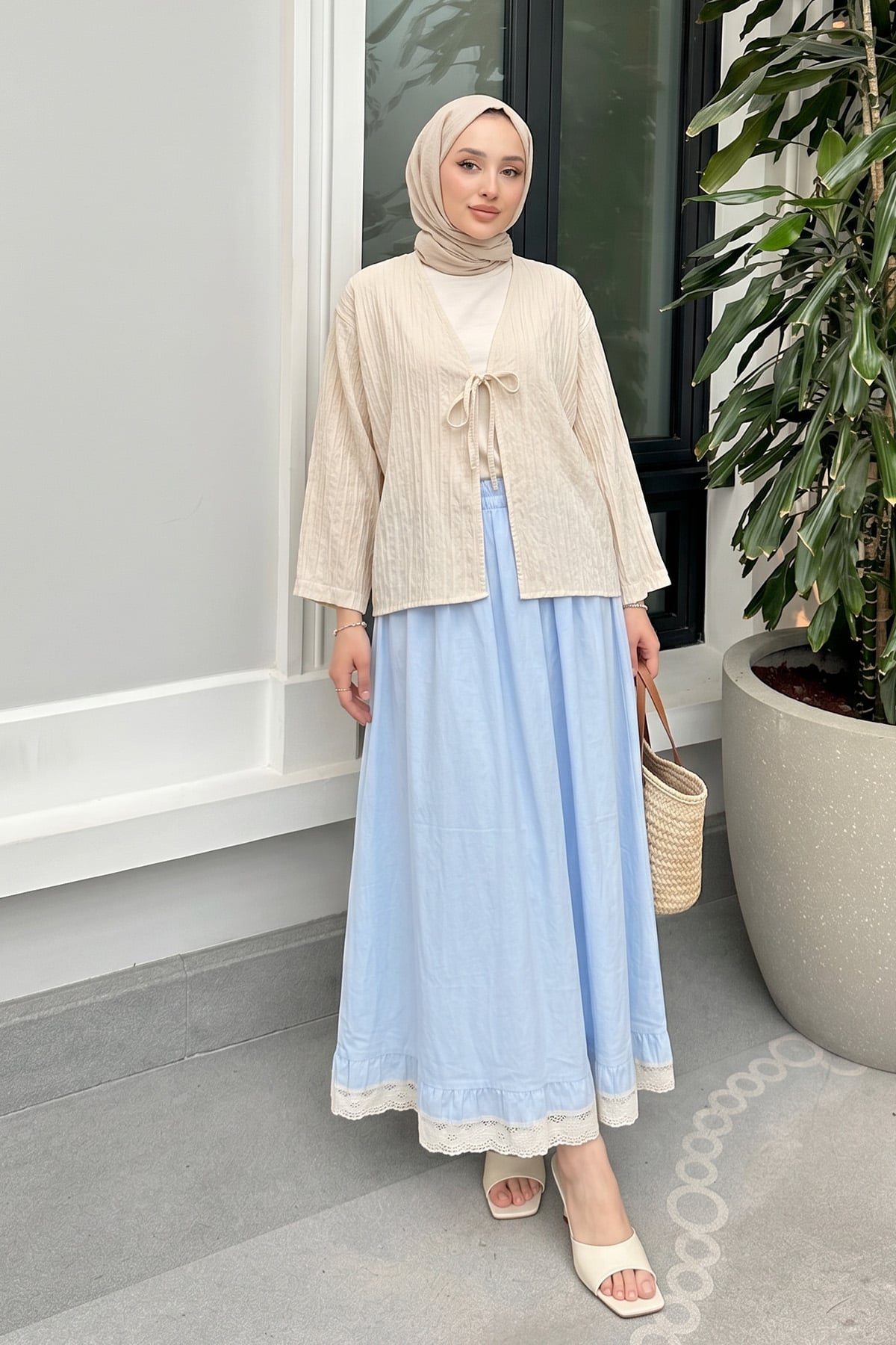 Çizgili Bağcıklı Kimono 2358 - KREM |  