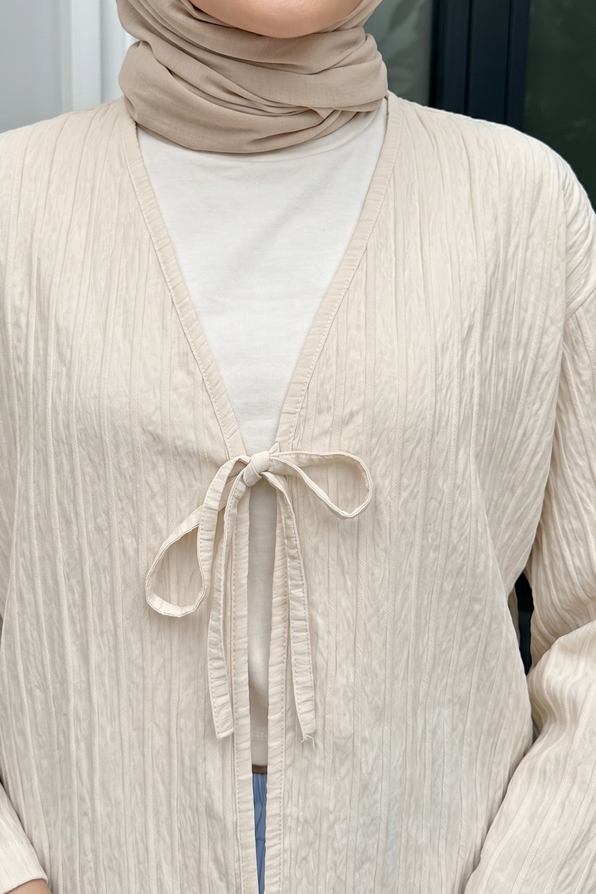 Çizgili Bağcıklı Kimono 2358 - KREM |  