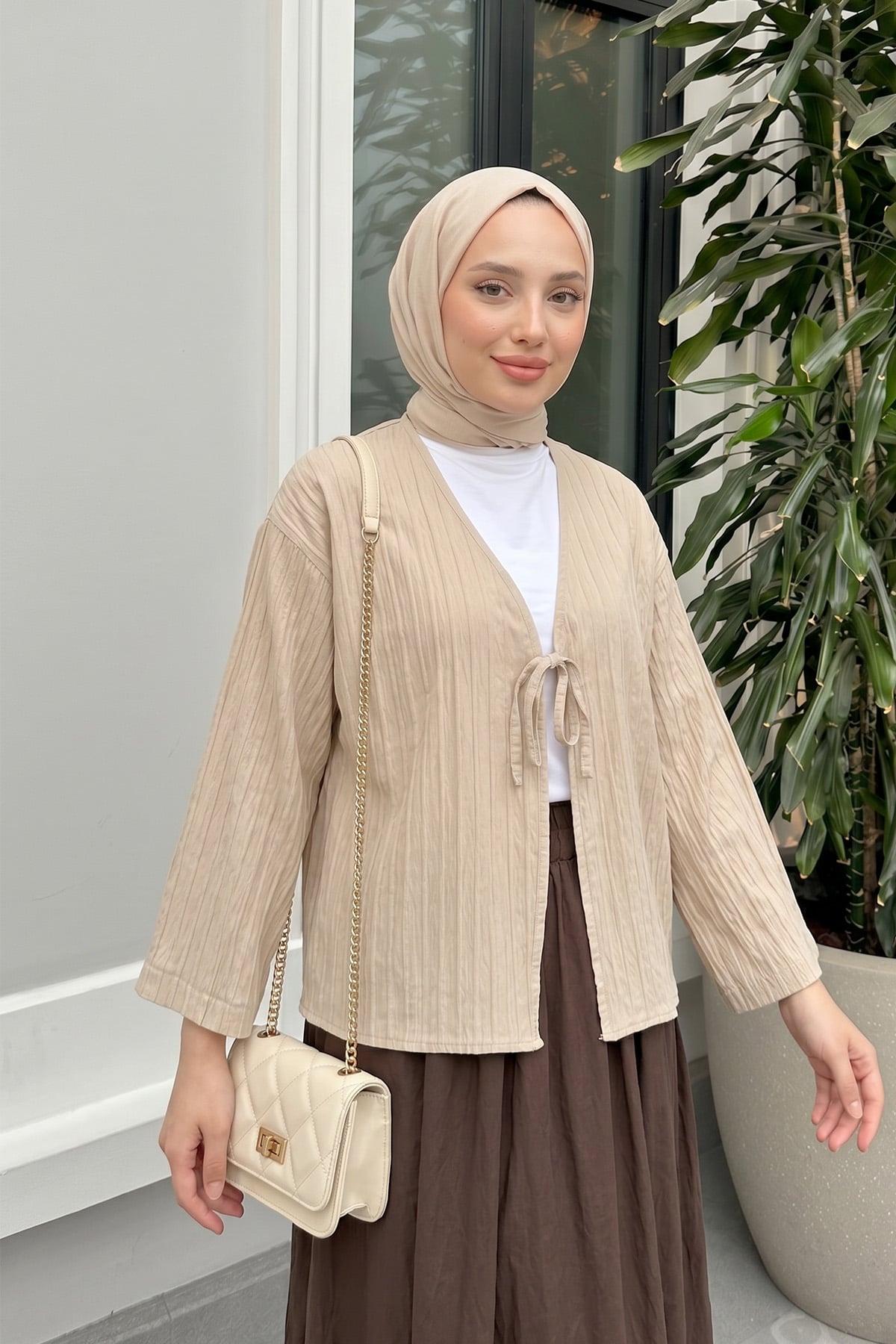 Çizgili Bağcıklı Kimono 2358 - TAŞ RENGİ |  