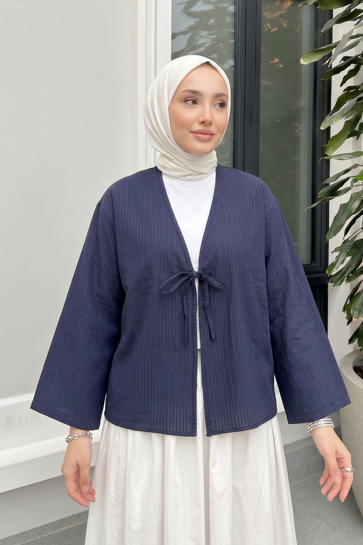 Bağcıklı Çizgili Kimono 2350 - LACİVERT |  