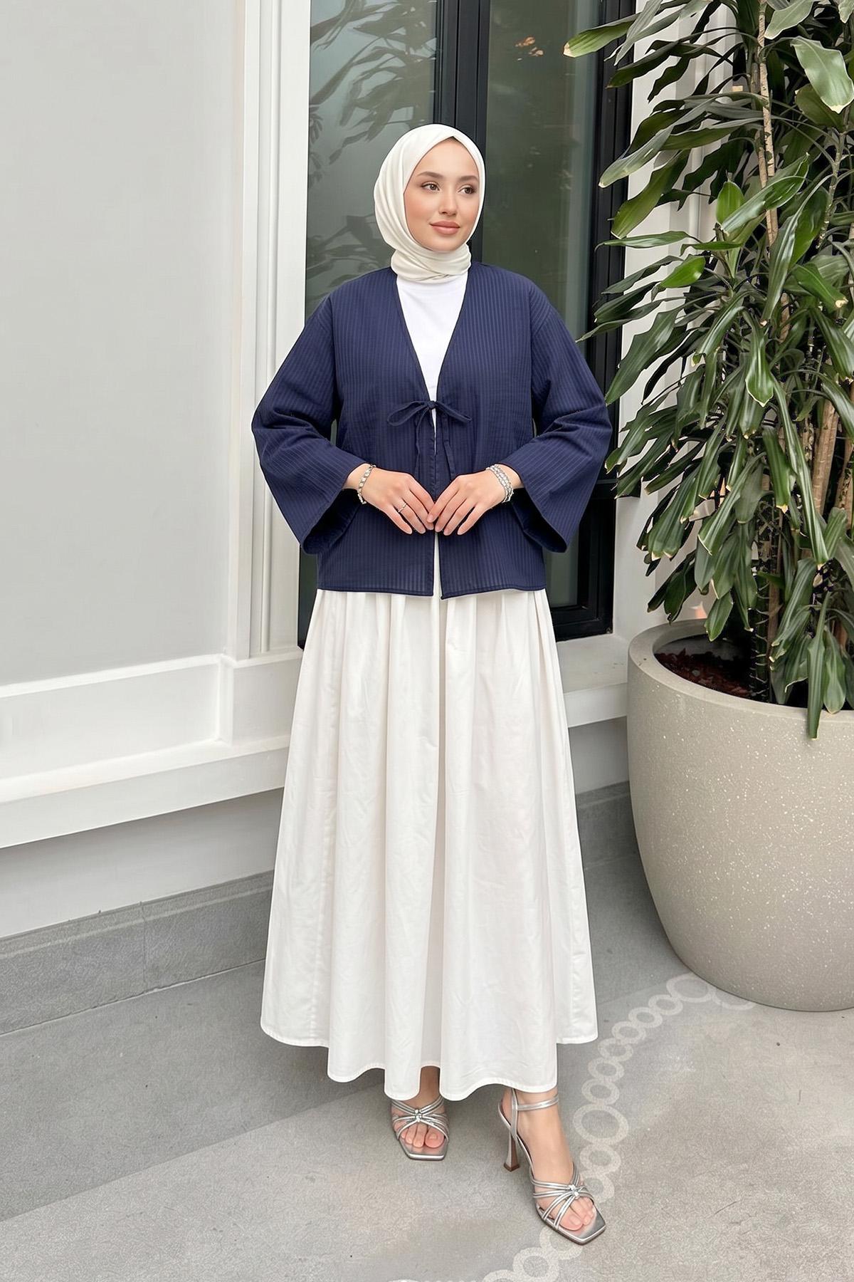 Bağcıklı Çizgili Kimono 2350 - LACİVERT |  