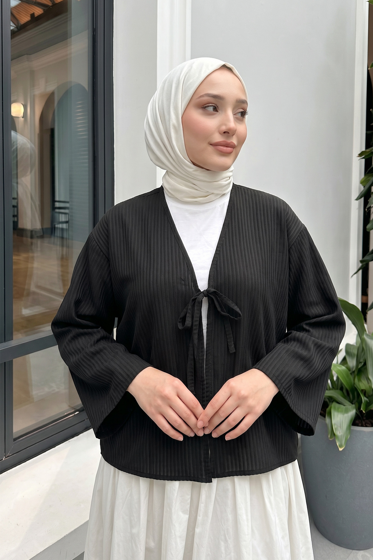 Bağcıklı Çizgili Kimono 2350 - SİYAH |  