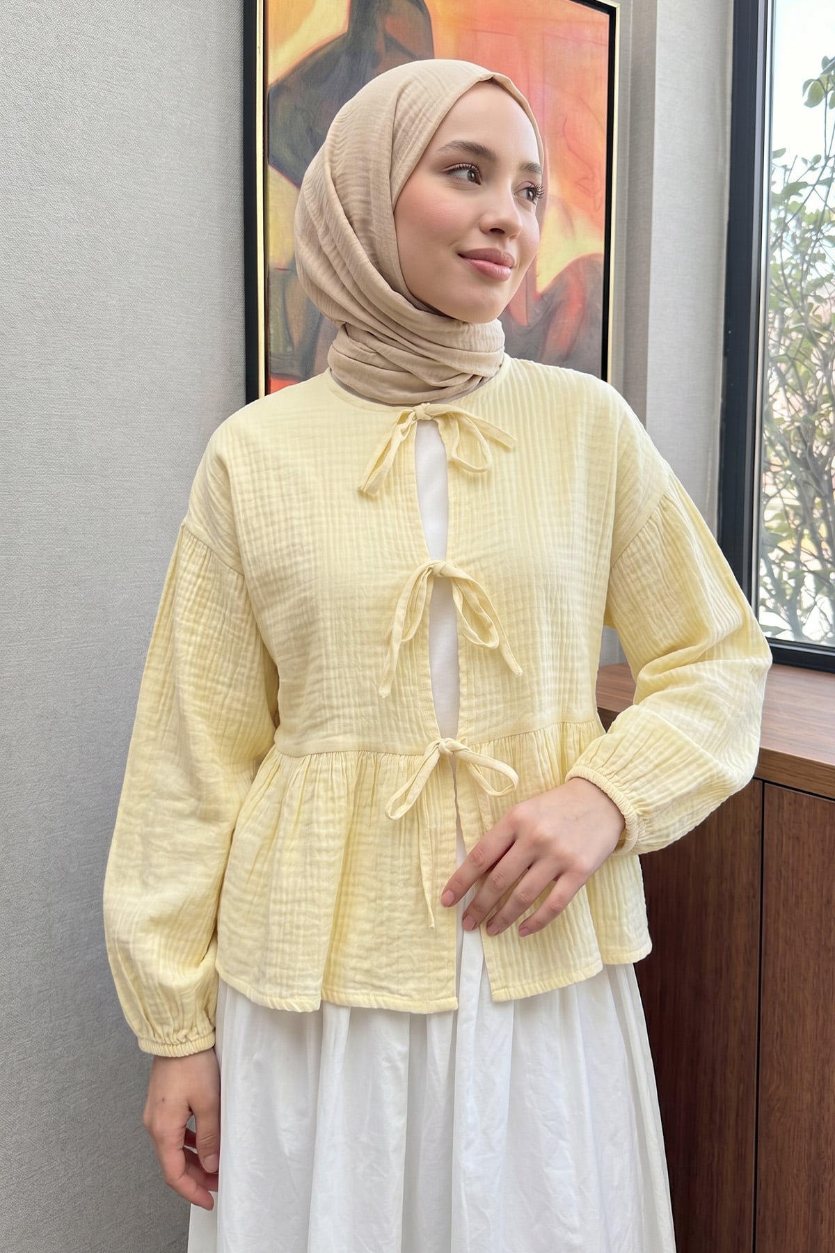 Eteği Büzgülü Kimono 2381 - AÇIK SARI |  