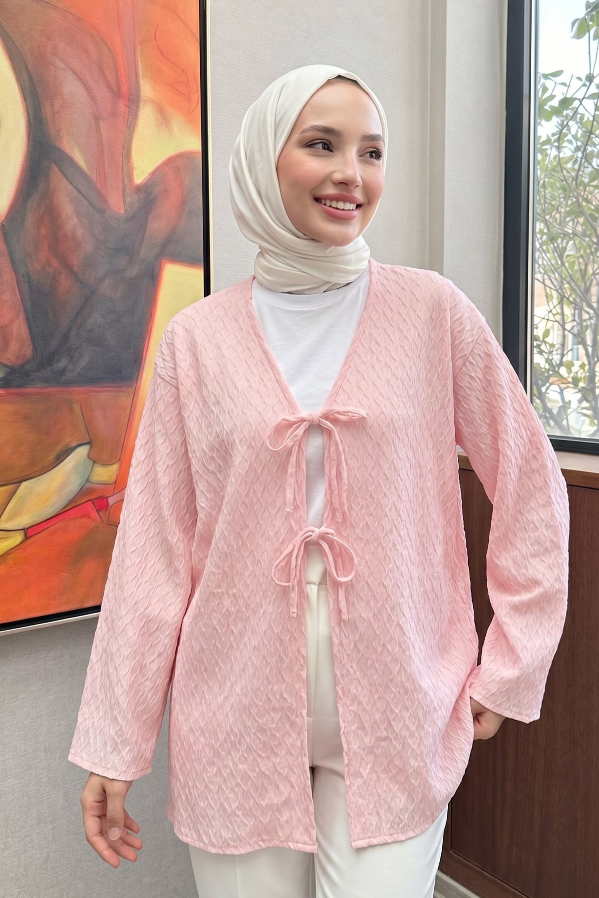Desenli Uzun Kimono 2374 - AÇIK PEMBE |  