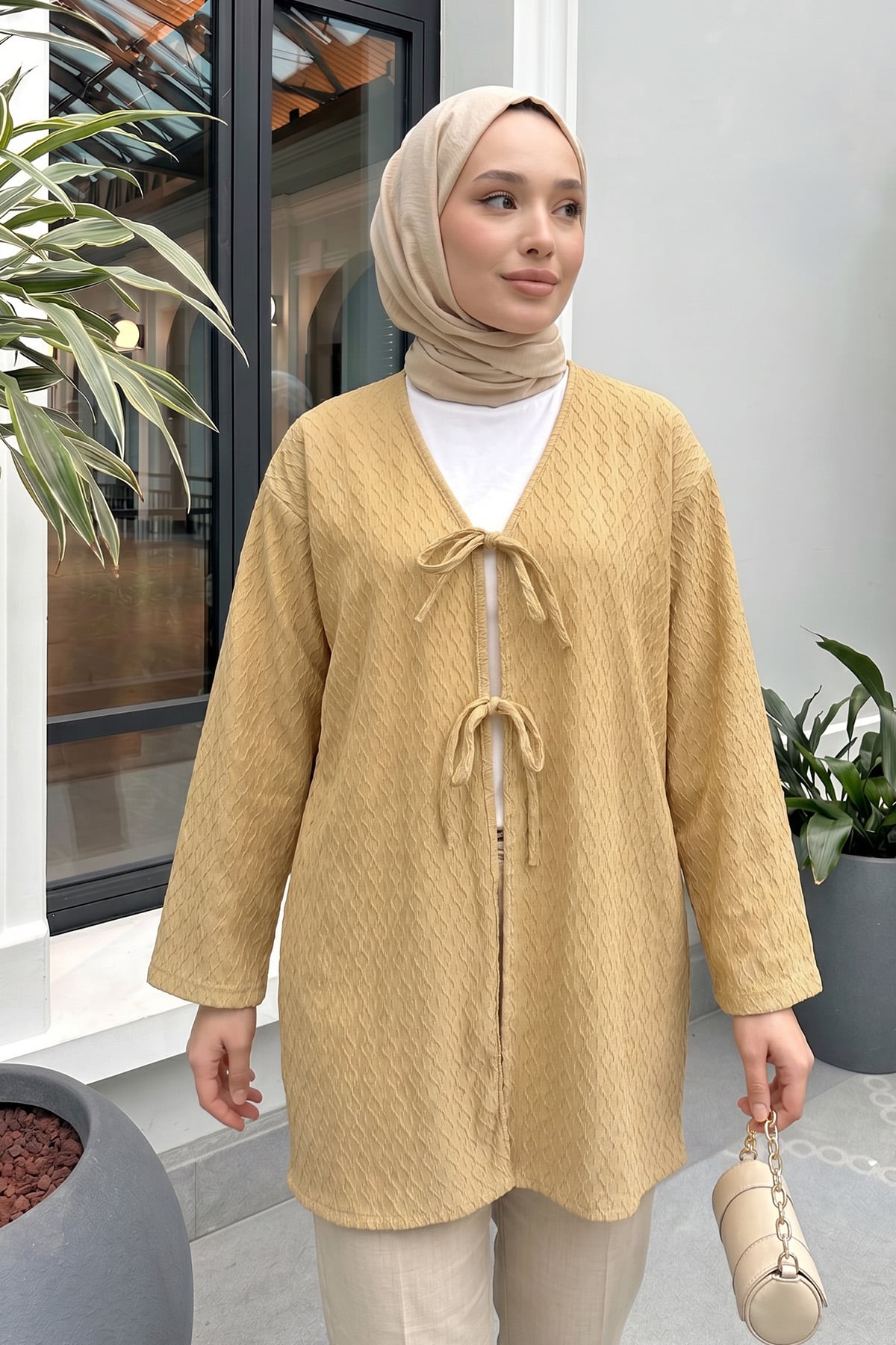 Desenli Uzun Kimono 2374 - BUĞDAY RENGİ |  