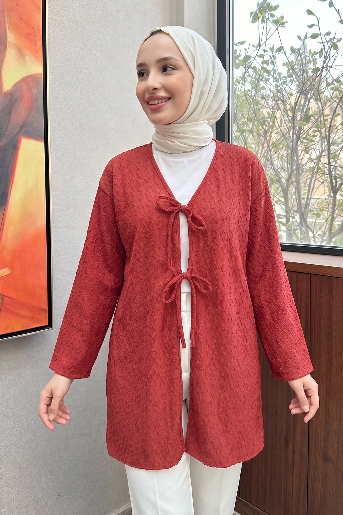 Desenli Uzun Kimono 2374 - KIRMIZI |  