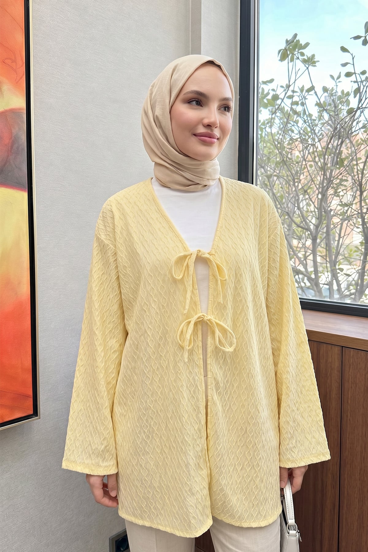 Desenli Uzun Kimono 2374 - SARI |  