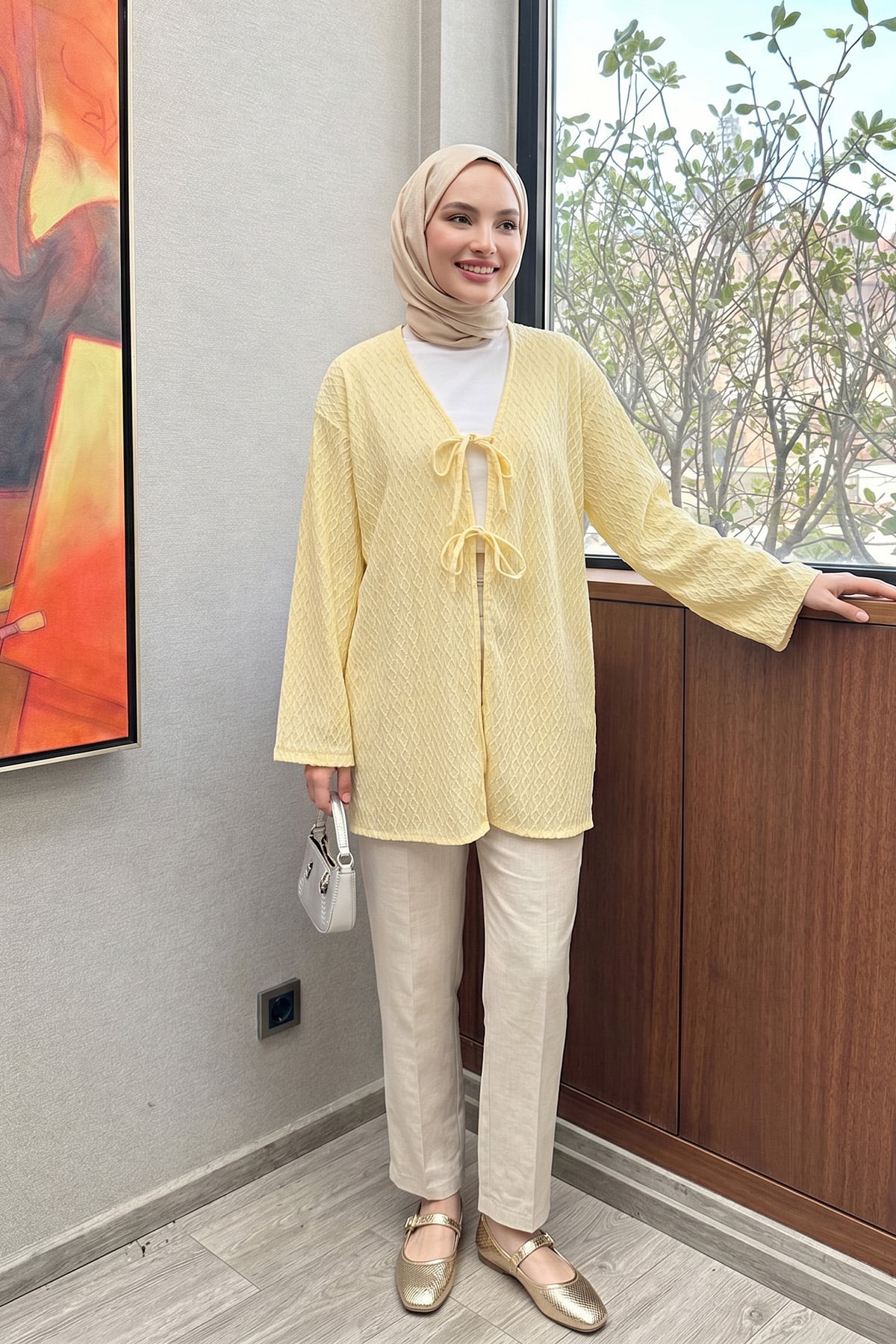Desenli Uzun Kimono 2374 - SARI |  