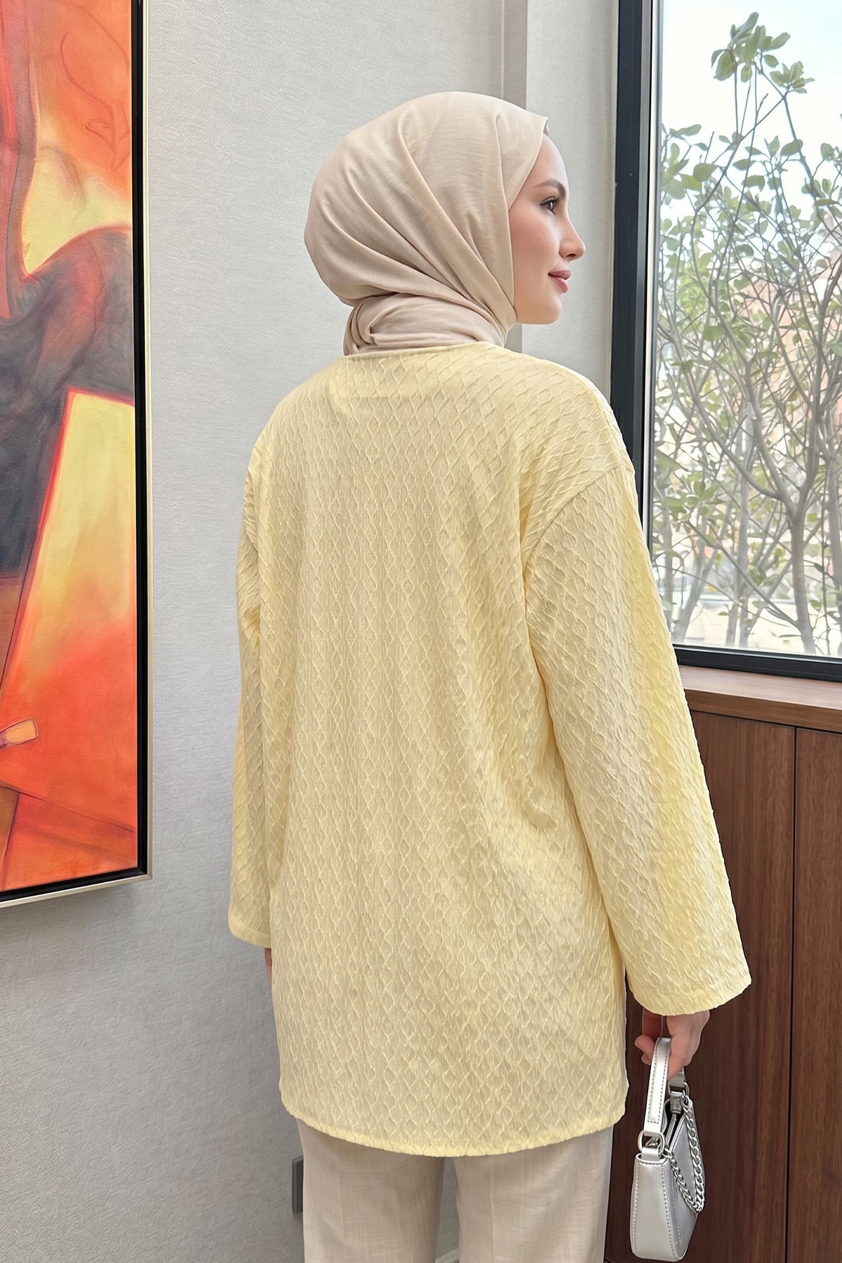 Desenli Uzun Kimono 2374 - SARI |  