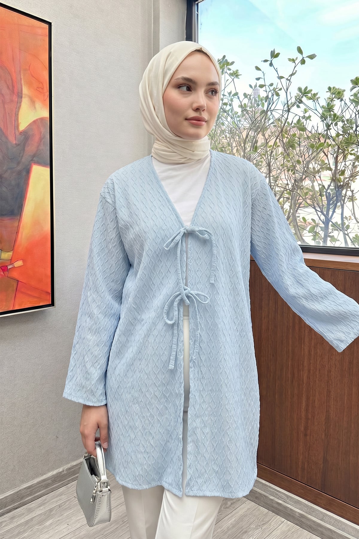 Desenli Uzun Kimono 2374 - BEBE MAVİSİ |  
