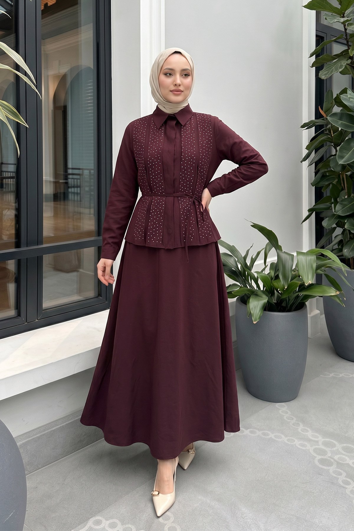 Taş Detaylı Takım 494004 - KOYU BORDO |  