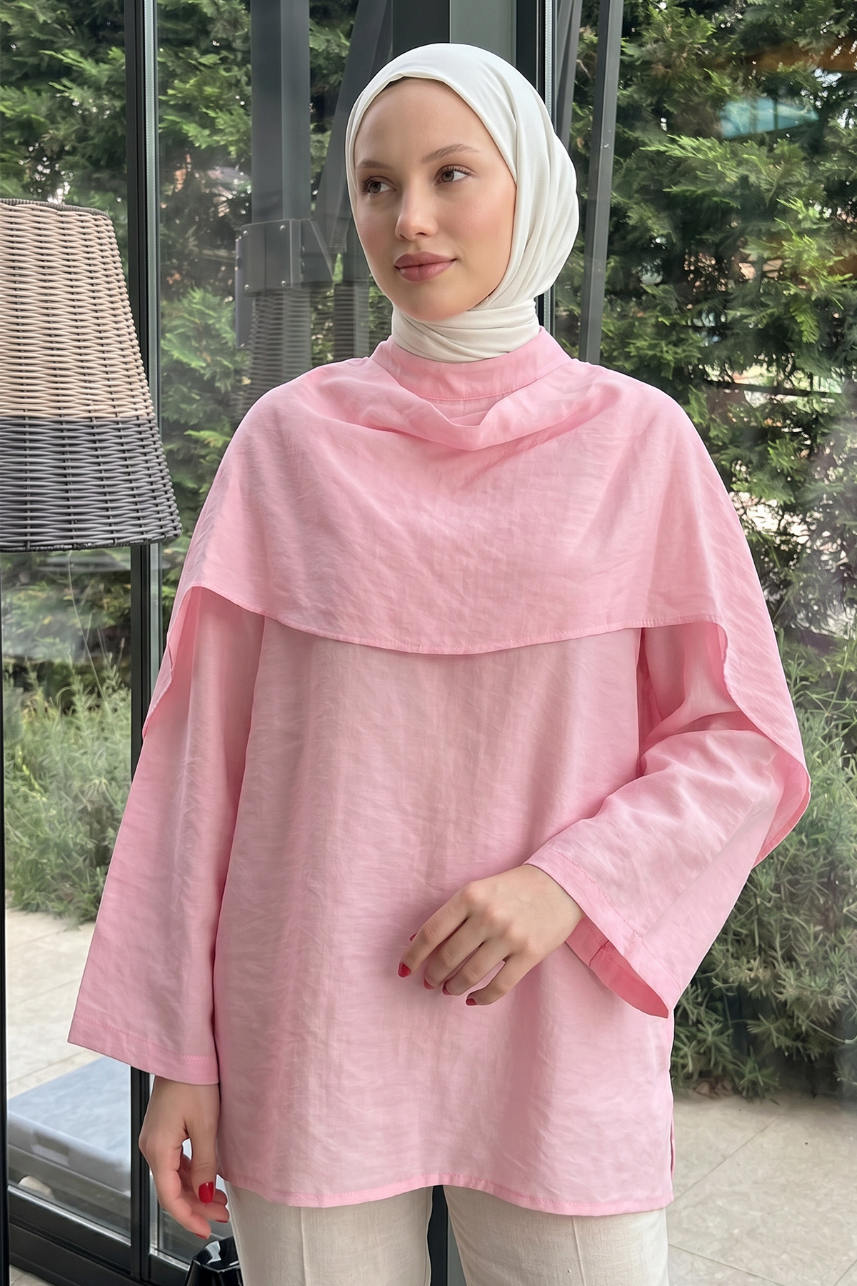 Şal Detaylı Tunik Y0151 - AÇIK PEMBE |  
