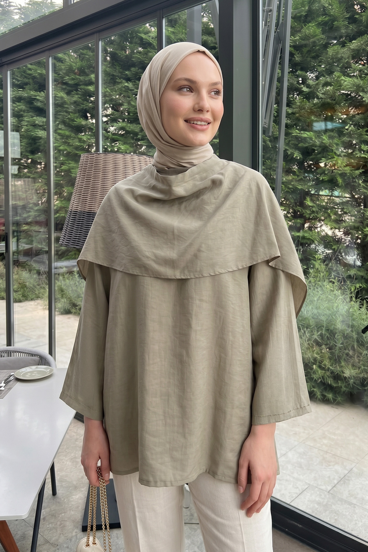 Şal Detaylı Tunik Y0151 - AÇIK HAKİ |  