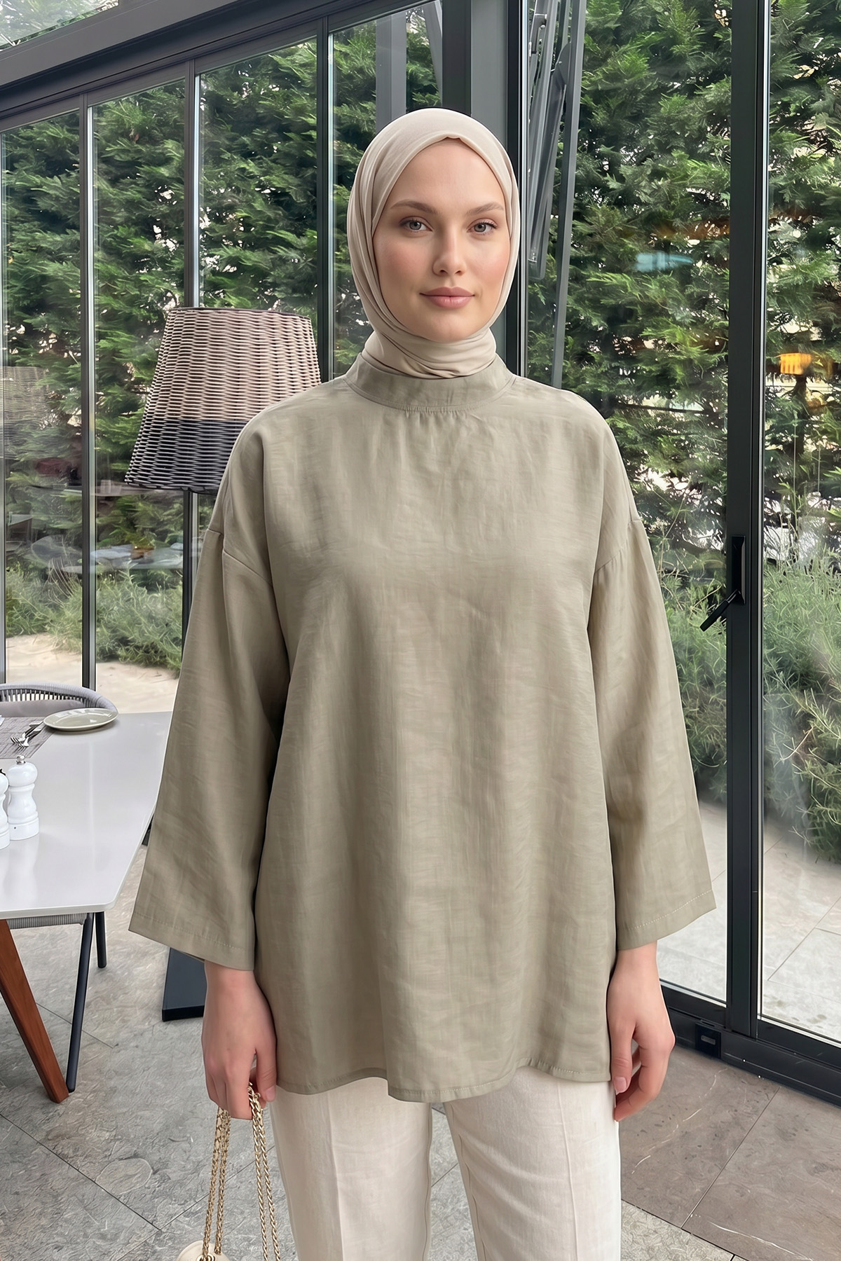 Şal Detaylı Tunik Y0151 - AÇIK HAKİ |  