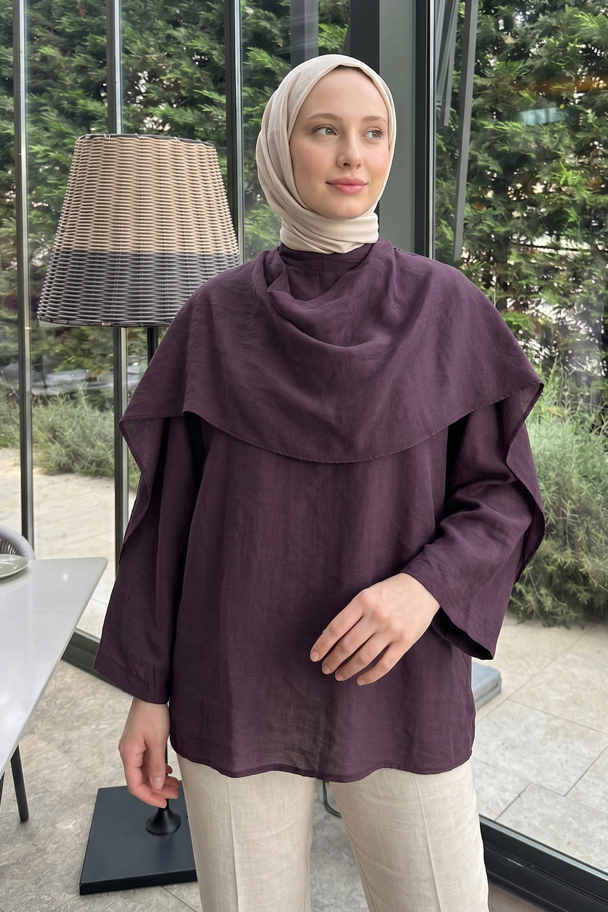 Şal Detaylı Tunik Y0151 - KOYU MÜRDÜM |  