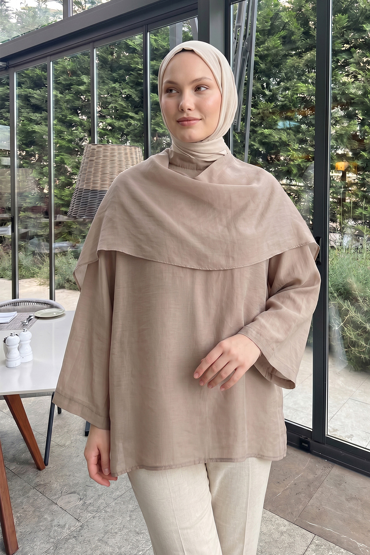 Şal Detaylı Tunik Y0151 - VİZON |  