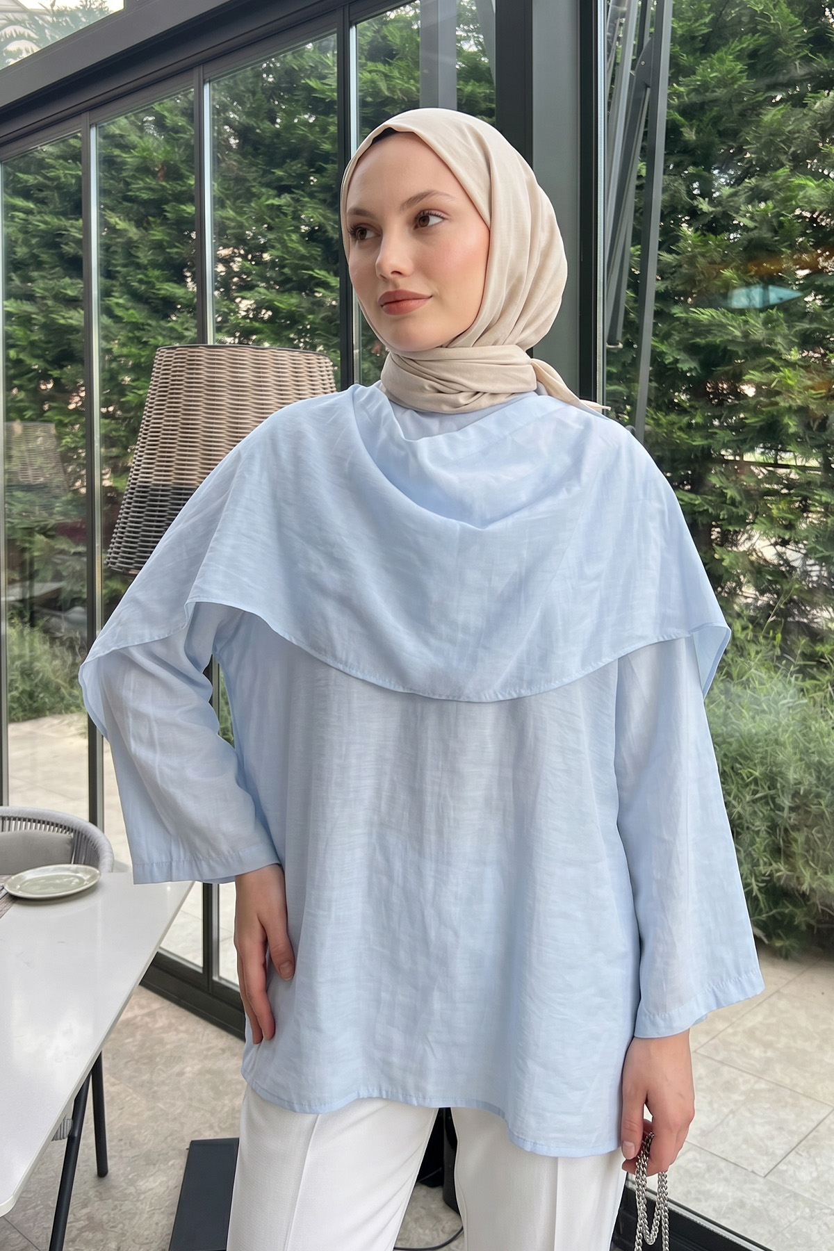 Şal Detaylı Tunik Y0151 - BEBE MAVİSİ |  
