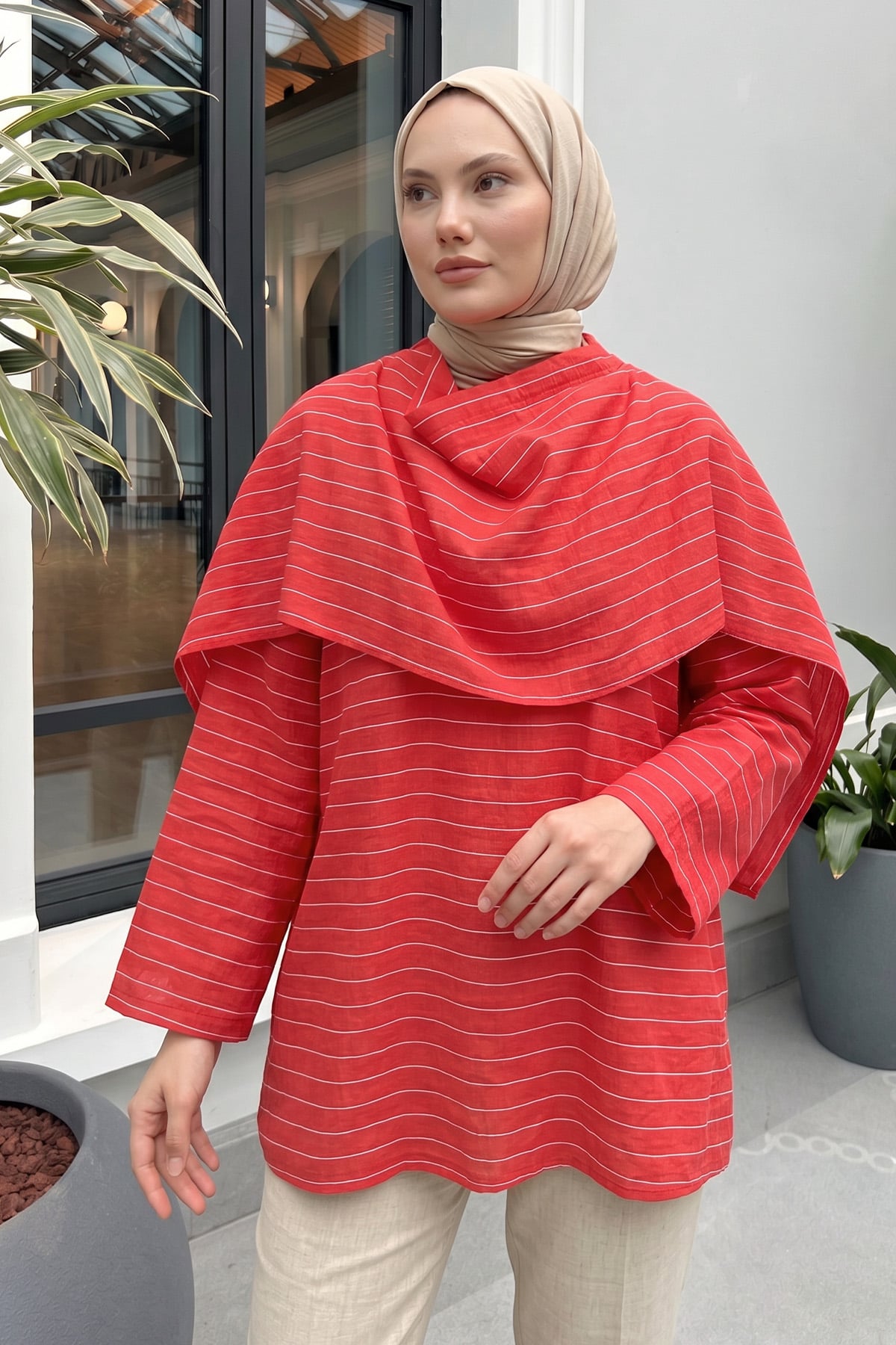Şal Detaylı Çizgili Tunik  Y0153 - AÇIK KIRMIZI |  