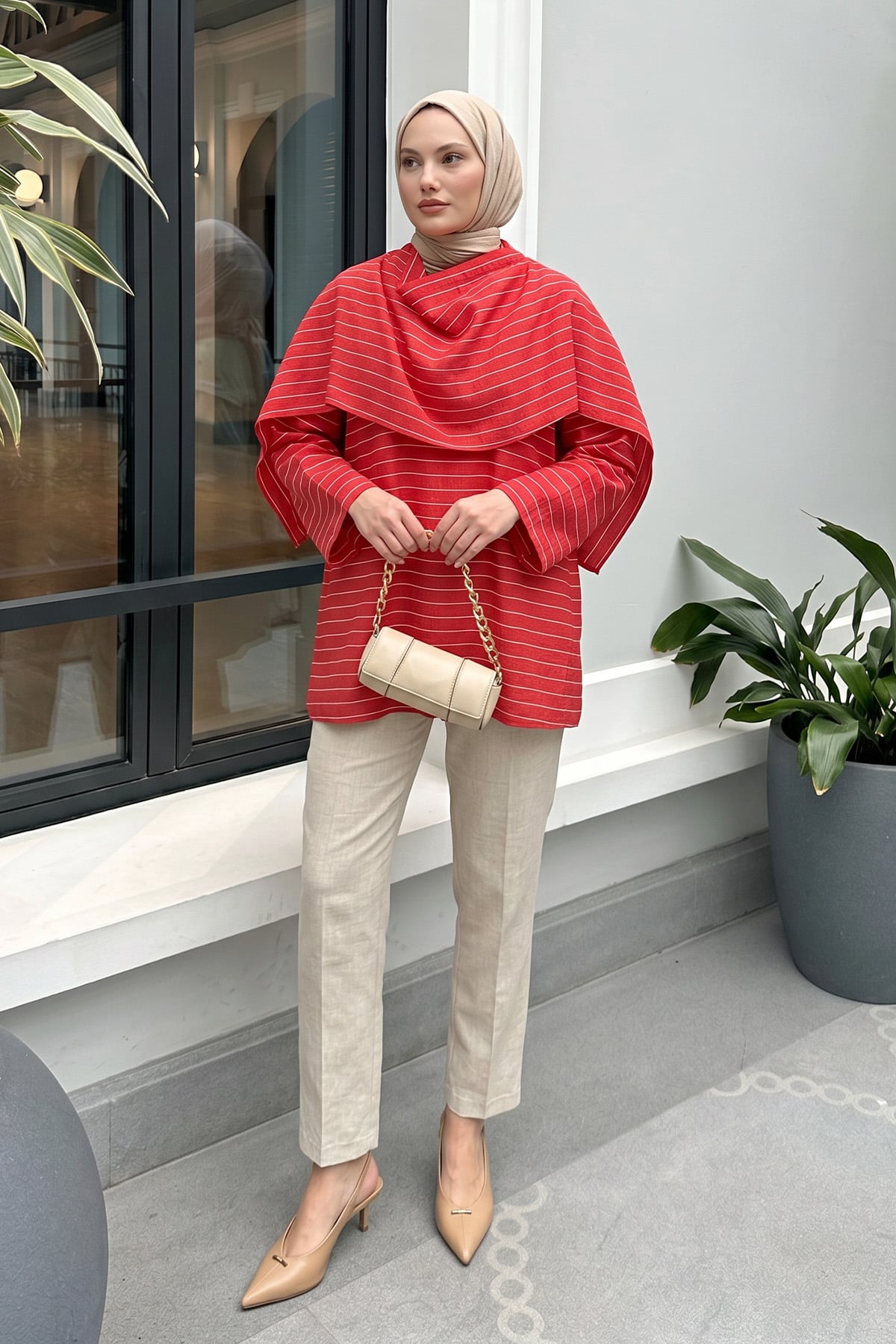 Şal Detaylı Çizgili Tunik  Y0153 - AÇIK KIRMIZI |  