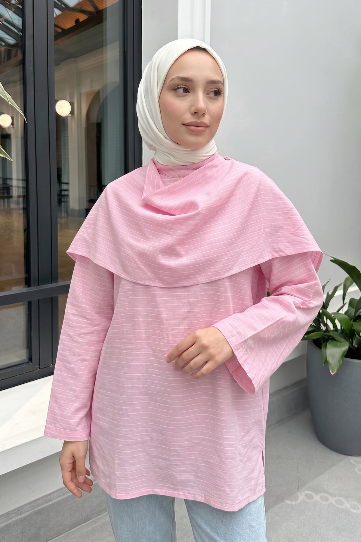 Şal Detaylı Çizgili Tunik  Y0153 - AÇIK PEMBE |  