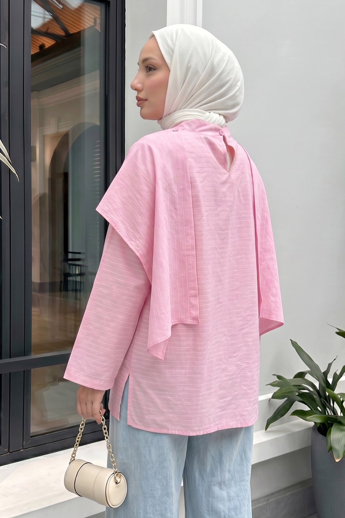 Şal Detaylı Çizgili Tunik  Y0153 - AÇIK PEMBE |  