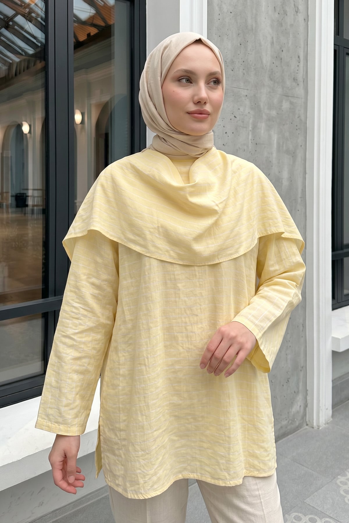 Şal Detaylı Çizgili Tunik  Y0153 - TEREYAĞ SARISI |  