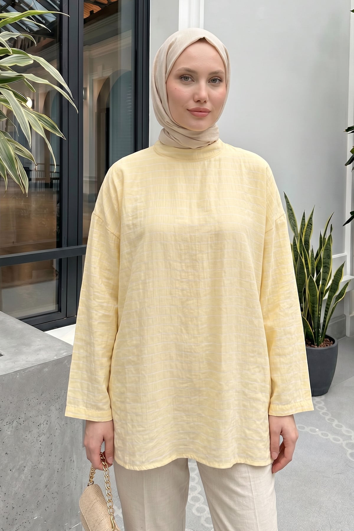 Şal Detaylı Çizgili Tunik  Y0153 - TEREYAĞ SARISI |  